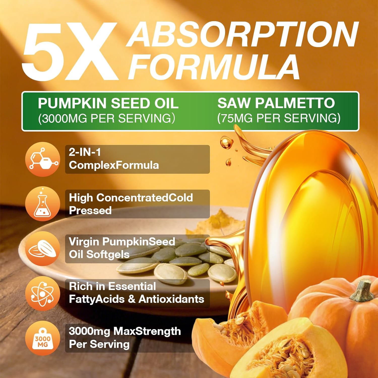 Pumpkin Seed Oil Capsules - Saw Palmetto Pumpkin Seed Oil 300 Softgels Prostate Health, Immune and Urinary Tract Support Promotes Hair Growth - Pure Non GMO