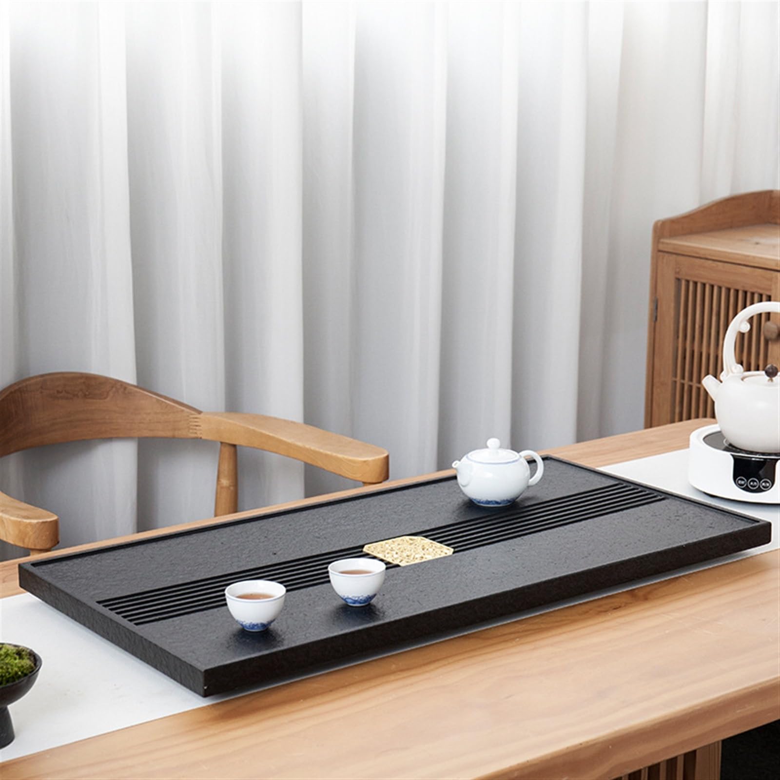 Bandeja de té Sencilla, Juego de té, Bandeja de té de ebonita Natural, tamaño de Drenaje Completo, Bandeja de té de Piedra para el hogar, Juego de té de Kung fu (70 x 30 x 3 cm)