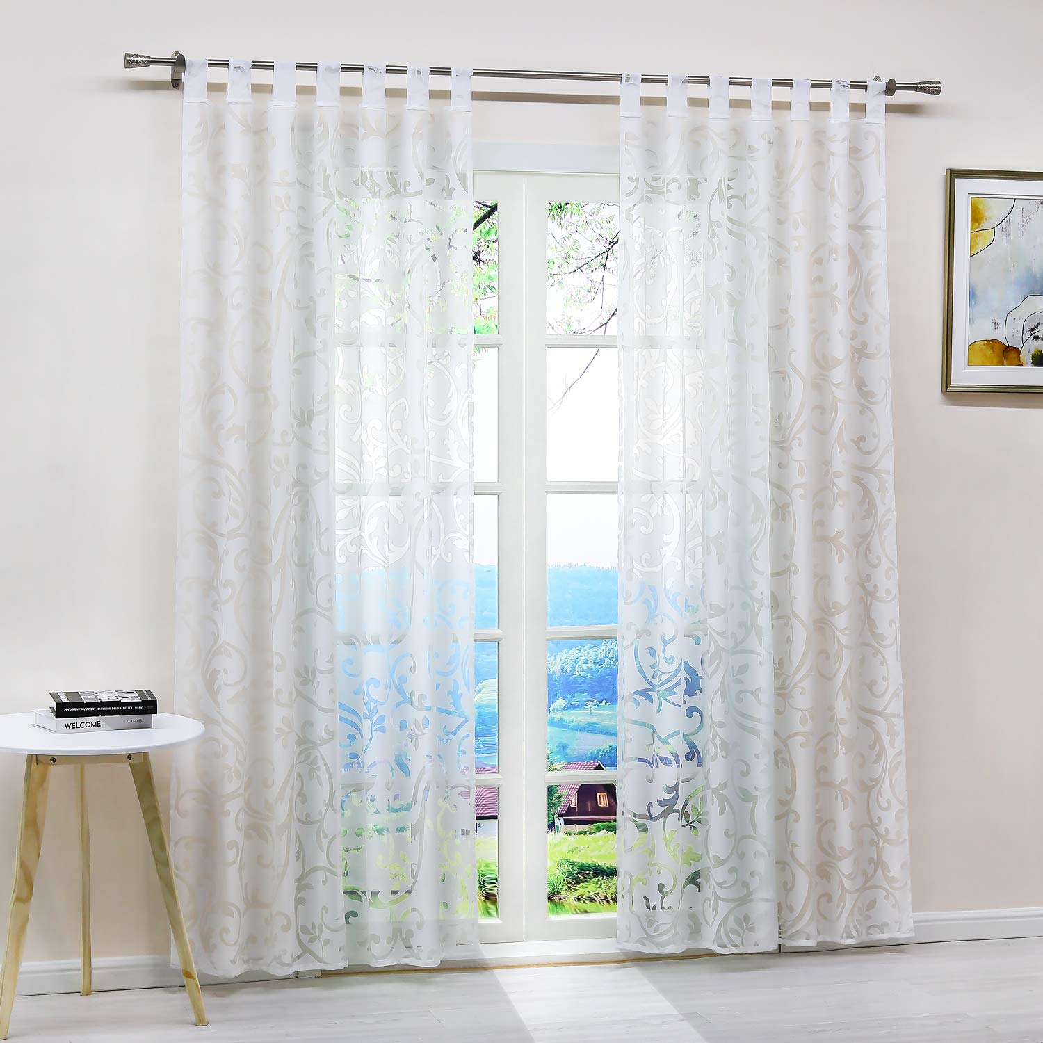ESLIR Gardinen mit Schlaufen Vorhänge Ausbrenner Fensterschal Transparent Schlaufenschal mit Ranken Muster Weiß BxH BxH 140x225cm 1 Stück