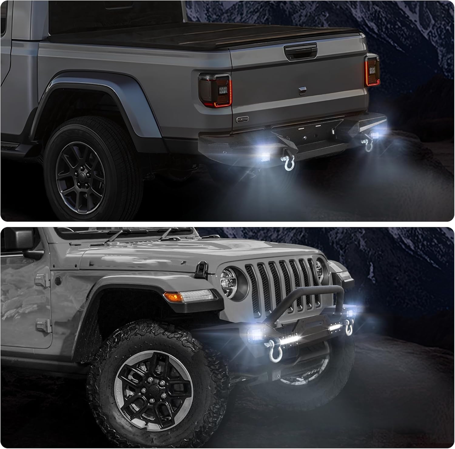 Off Road Front Rear Bumper Fit for Jeep Gladiator JT 2020 2021 2022 2023 2024 2025 Full Width Steel Bumper Combo Fit for JT 2/4 Door W/2 * 18W Lights 4 Sensor Holes Textured Black Bumper Set