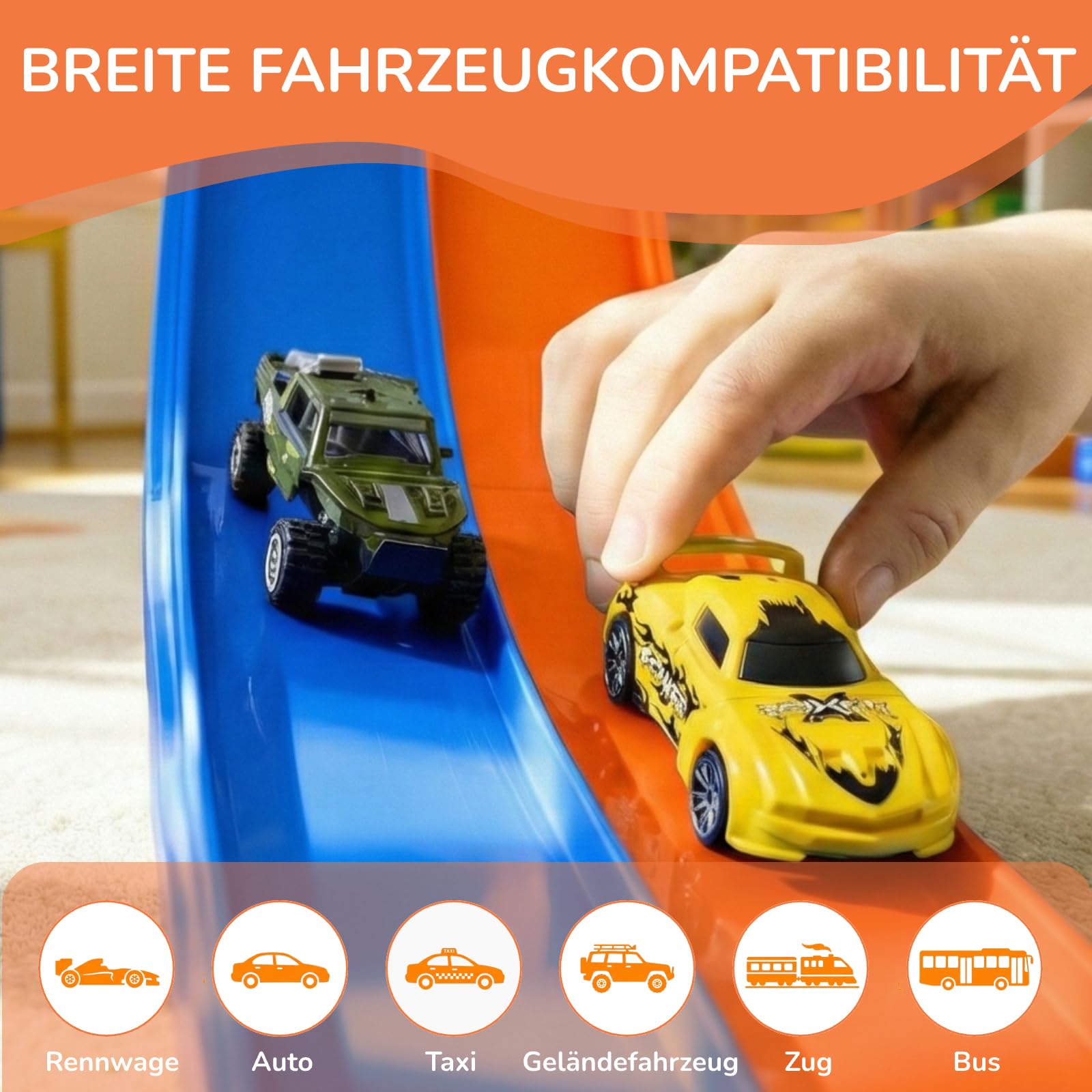 5M Flexible Autorennbahn Set mit 2 Loopings, 2-in-1 Rennbahn mit Autos & Tragtasche, Schwerkraft & Pull-Back Rennstrecke, Spielzeug für Kinder ab 3 4 5 6 Jahre, Geschenk für Indoor/Outdoor (Orange)