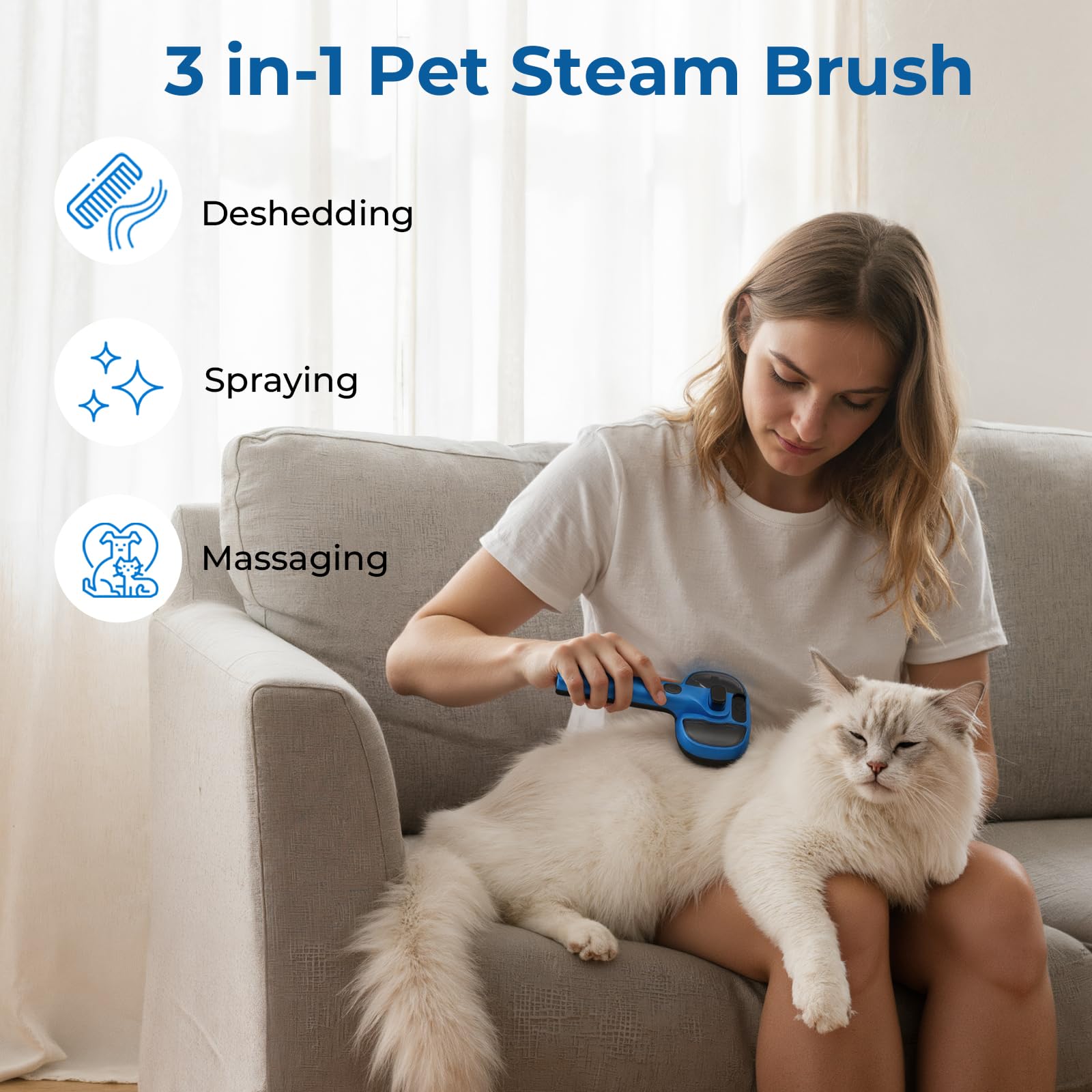 pecute Spazzola a Vapore per Gatti, Spazzola a Vapore per Cani, Funzione Nebbia Densa e Nebbia Fine, Non Riscalda, Epilazione con un Clic, Peli Lunghi e Corti, Serbatoio dell'acqua Visibile,Blu