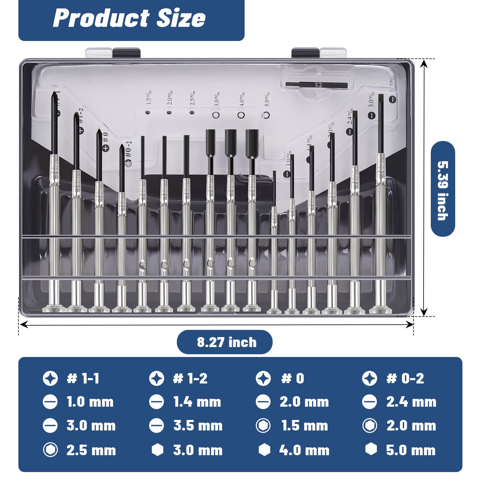 Juego de 16 mini destornilladores de precisión, kit de destornilladores pequeños XAQISHIRE con 16 cabezas hexagonales de cabeza plana de diferentes tamaños, ideal para relojes, joyeros, anteojos,