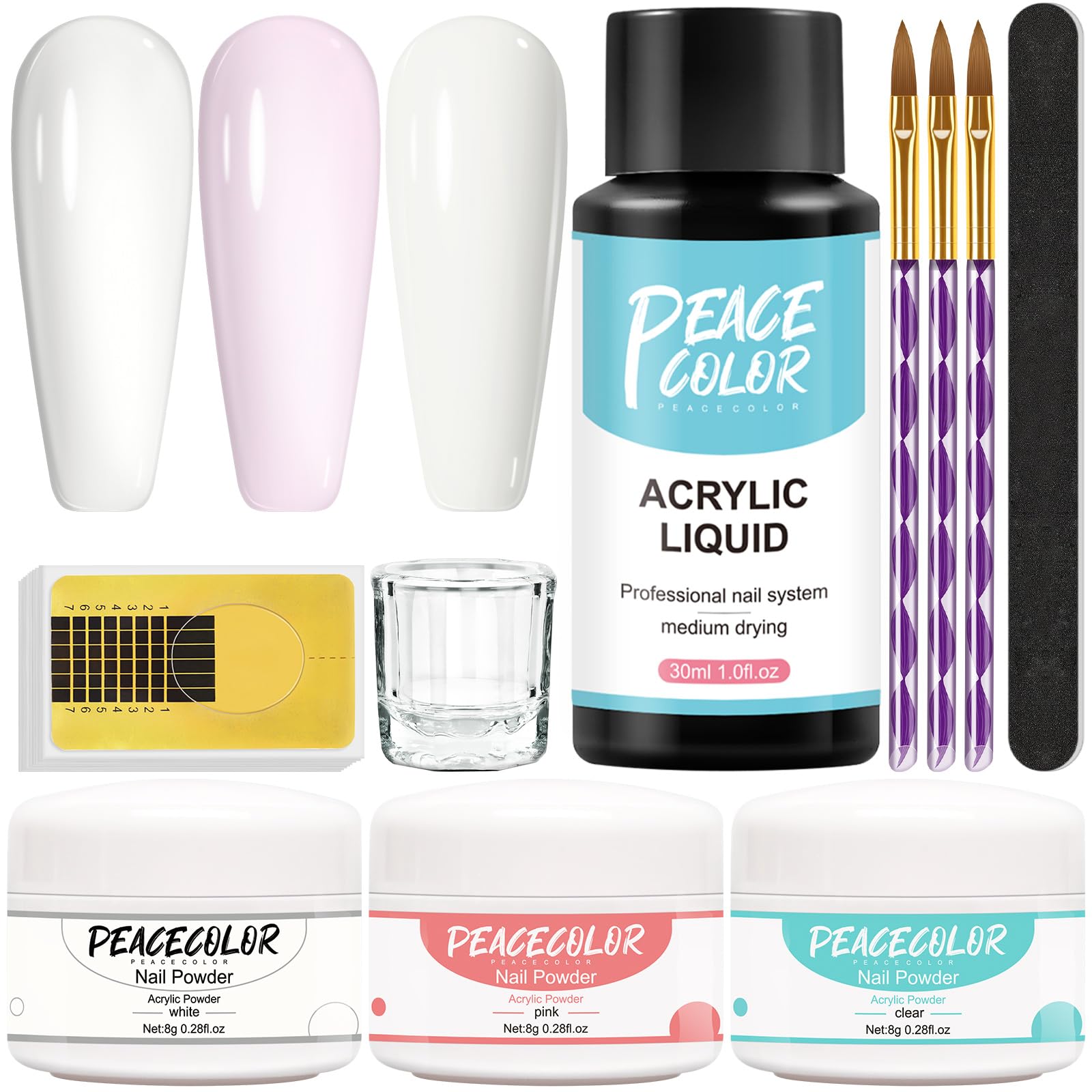 PEACECOLOR Kit Complet Acrylique Ongles, 3Pcs Poudre Acrylique pour Ongles Clair Blanc Rose Resine Ongle Poudre avec Liquide Acrylique Pinceau et Chablon Nail Art Kit Acrylique Ongles