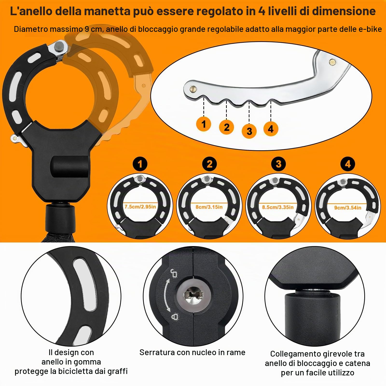 Serratura per Monopattino Elettrico 90cm - Catenaccio a Manette con Chiave & Guarnizione Gomma Antigraffio, Alta Sicurezza per Bici/Passeggini (Blocco Tipo A, Resistente a Trapano)