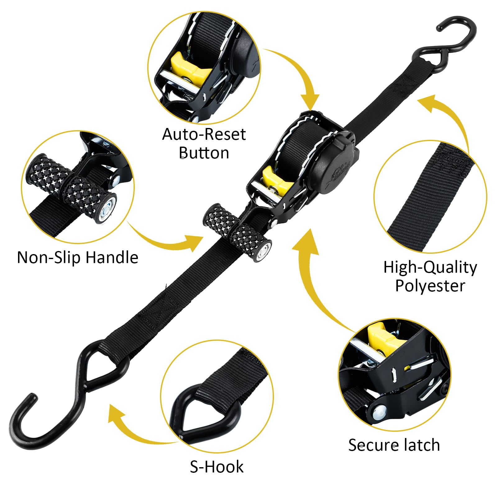 2 cinghie di serraggio automatiche, 2,5 cm x 3,3 m, cinghie di tensione automatiche, 680 kg, resistenza alla rottura, cinghie a cricchetto con maniglie ergonomiche per rimorchi, moto, kayak