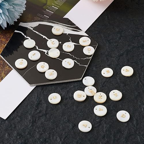 Miniatura 2 de Beadthoven - 104 dijes de letras del alfabeto de perlas de agua dulce naturales, redondos, dorados, redondos, del alfabeto A-Z, para bricolaje,