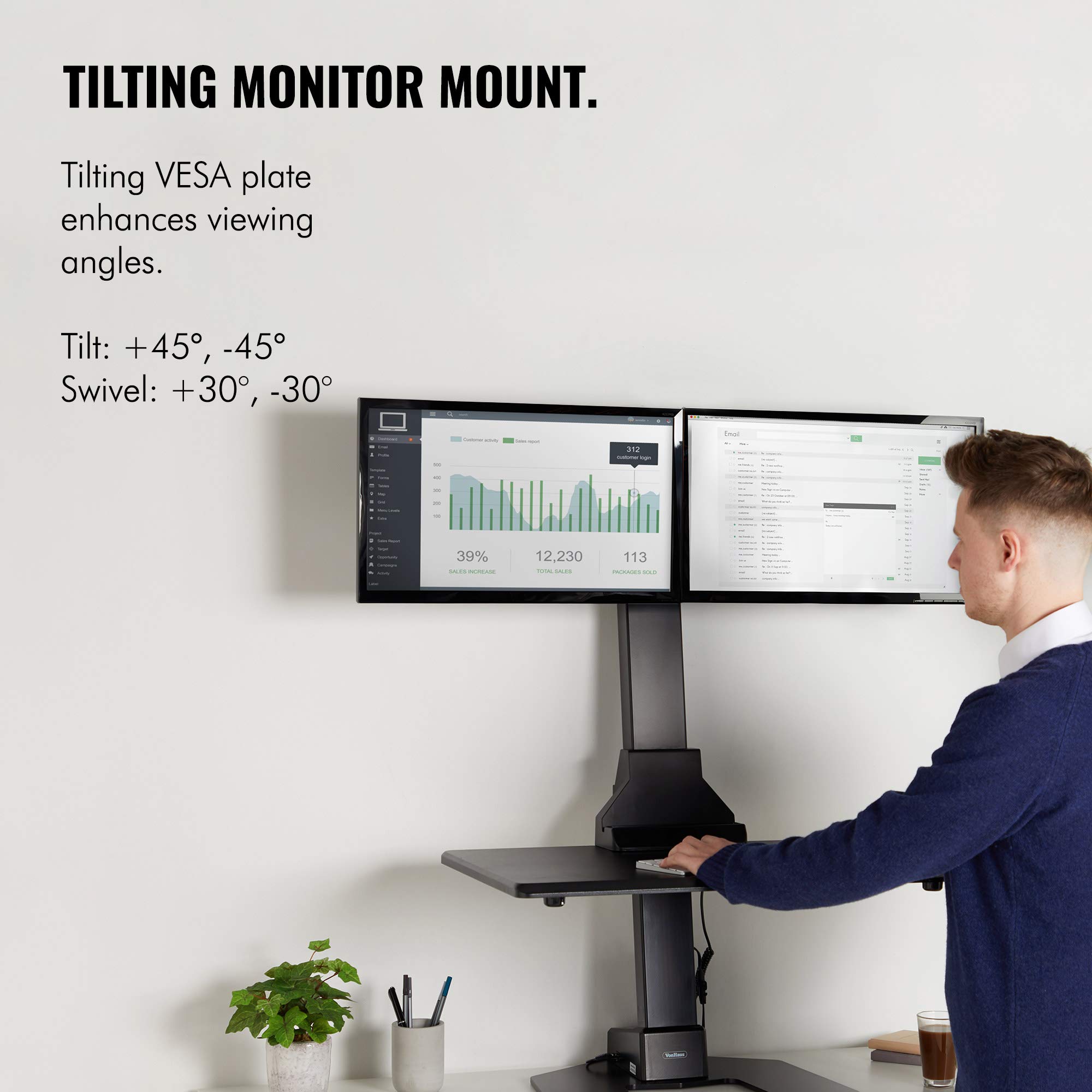VonHaus Electric Sit Stand Desk Workstation Motorised Double Monitor