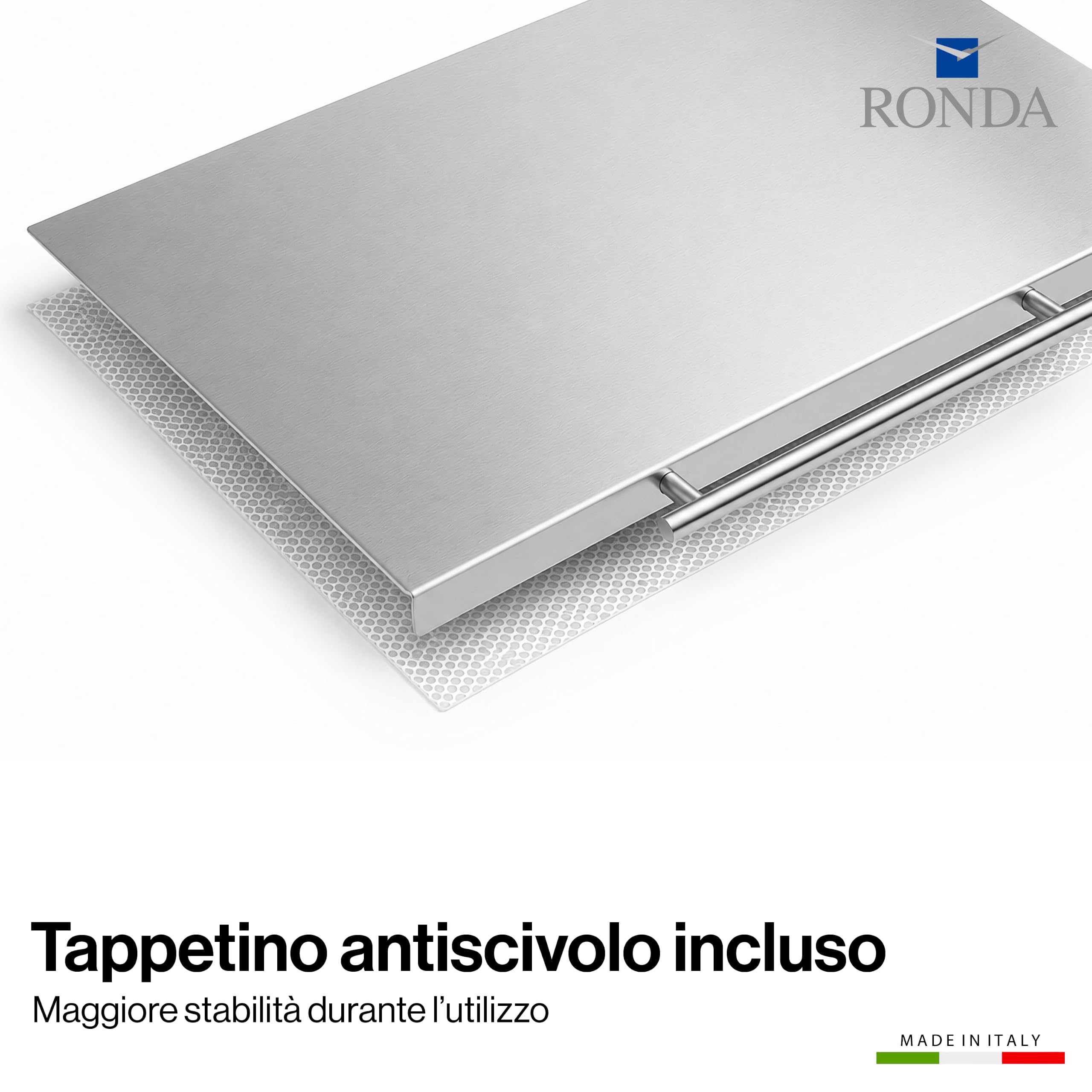 RONDA Tagliere Spianatoia Acciaio Inox 60x50 cm con Maniglia | Piano da Lavoro Alimentare Professionale, Antibatterico e Antiscivolo con Piega 2 cm per Impastare Pizza, Pane e Pasta