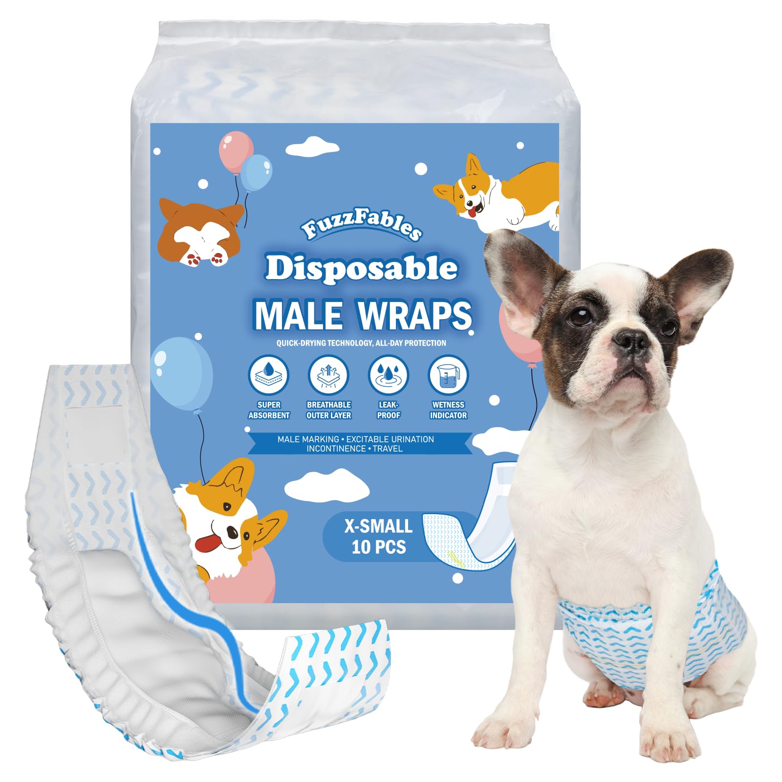 FuzzFables Dog Diapers Male 20 Count, Disposable Male Dog Wraps with Wetness Indicator