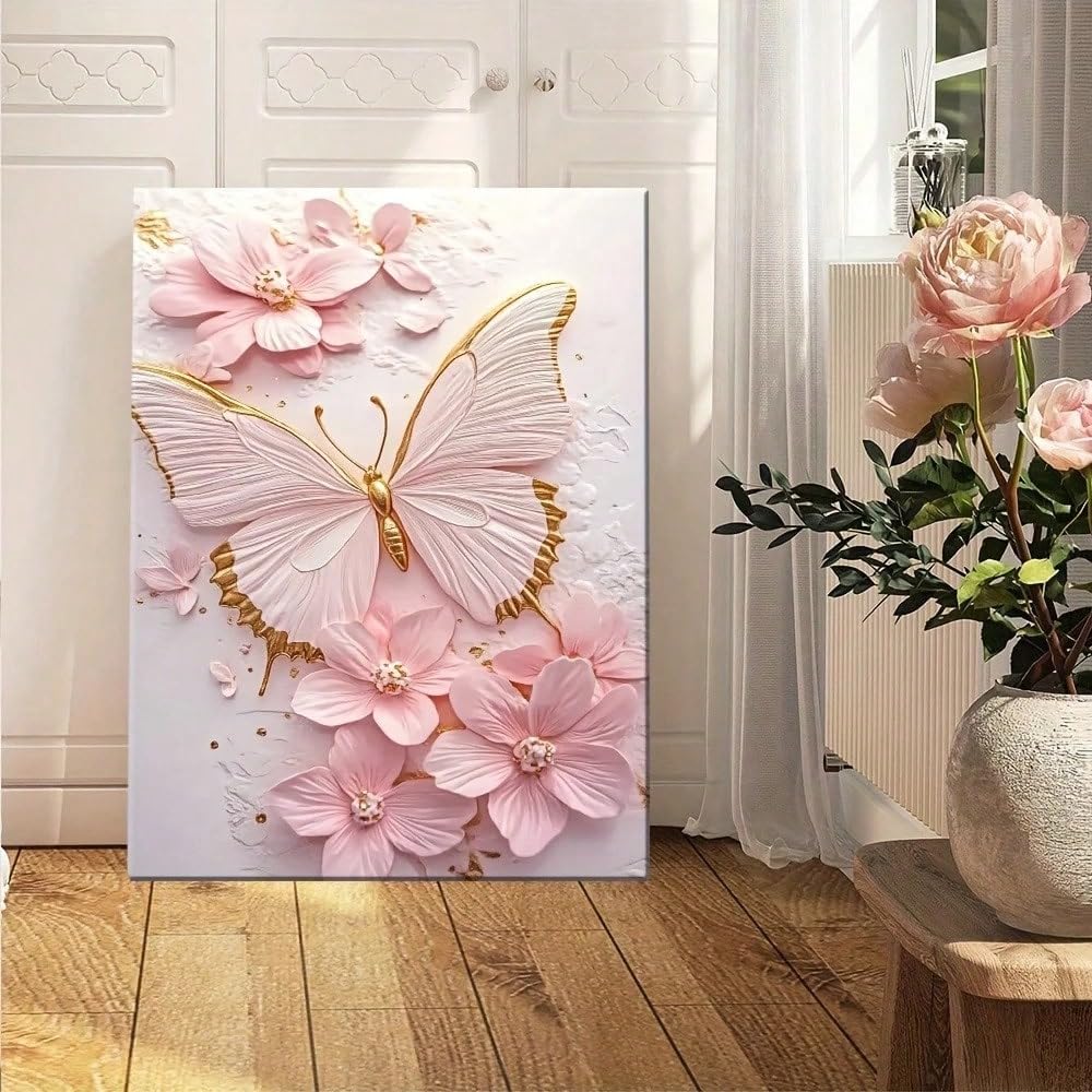 1 lienzo decorativo de pared, con estampado floral de mariposas rosas y doradas, ideal para la decoración de la sala de estar, la cocina o la oficina (70x120cm/Sin marco).