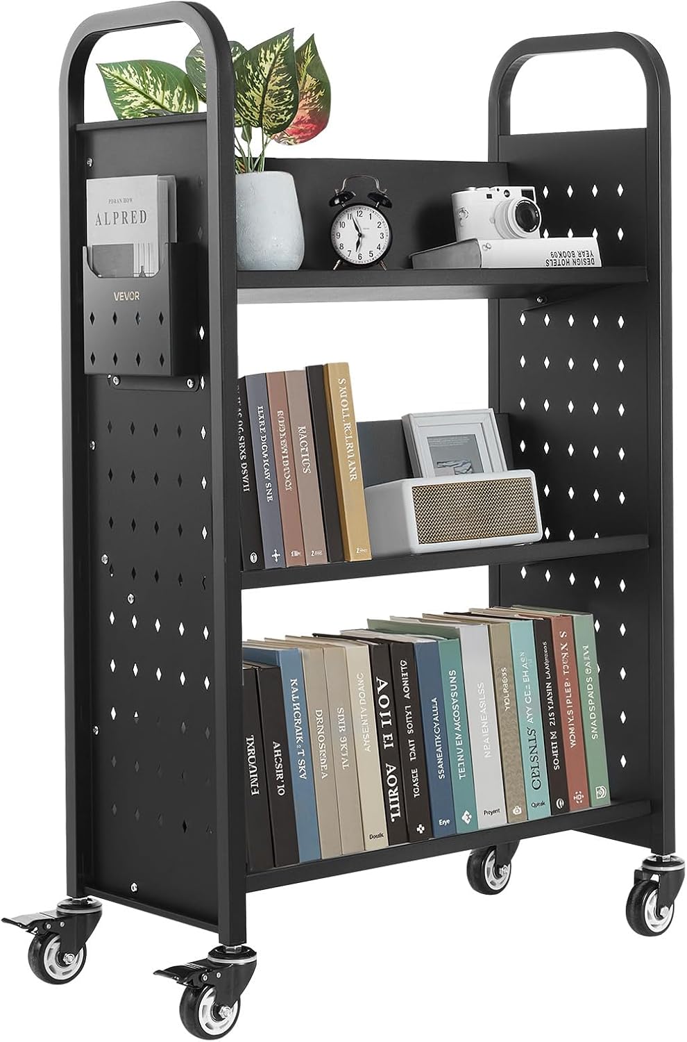 VEVOR Rolling Library Book Cart, 330 lbs Capacity, 30.3 x 15 x 48.0-Inch Library Cart, Single Sided V-Shaped Shelves with 3-Inch Lockable Wheels, Book Truck for Home Shelves Office and School, Black