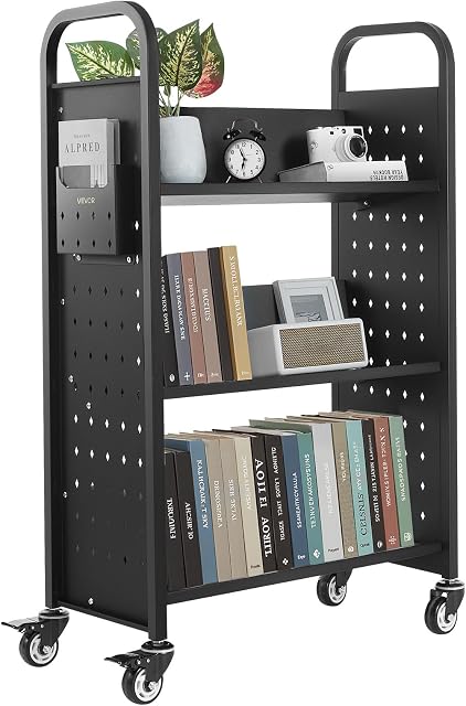 VEVOR Rolling Library Book Cart, 330 lbs Capacity, 30.3 x 15 x 48.0-Inch Library Cart, Single Sided V-Shaped Shelves with 3-Inch Lockable Wheels, Book Truck for Home Shelves Office and School, Black