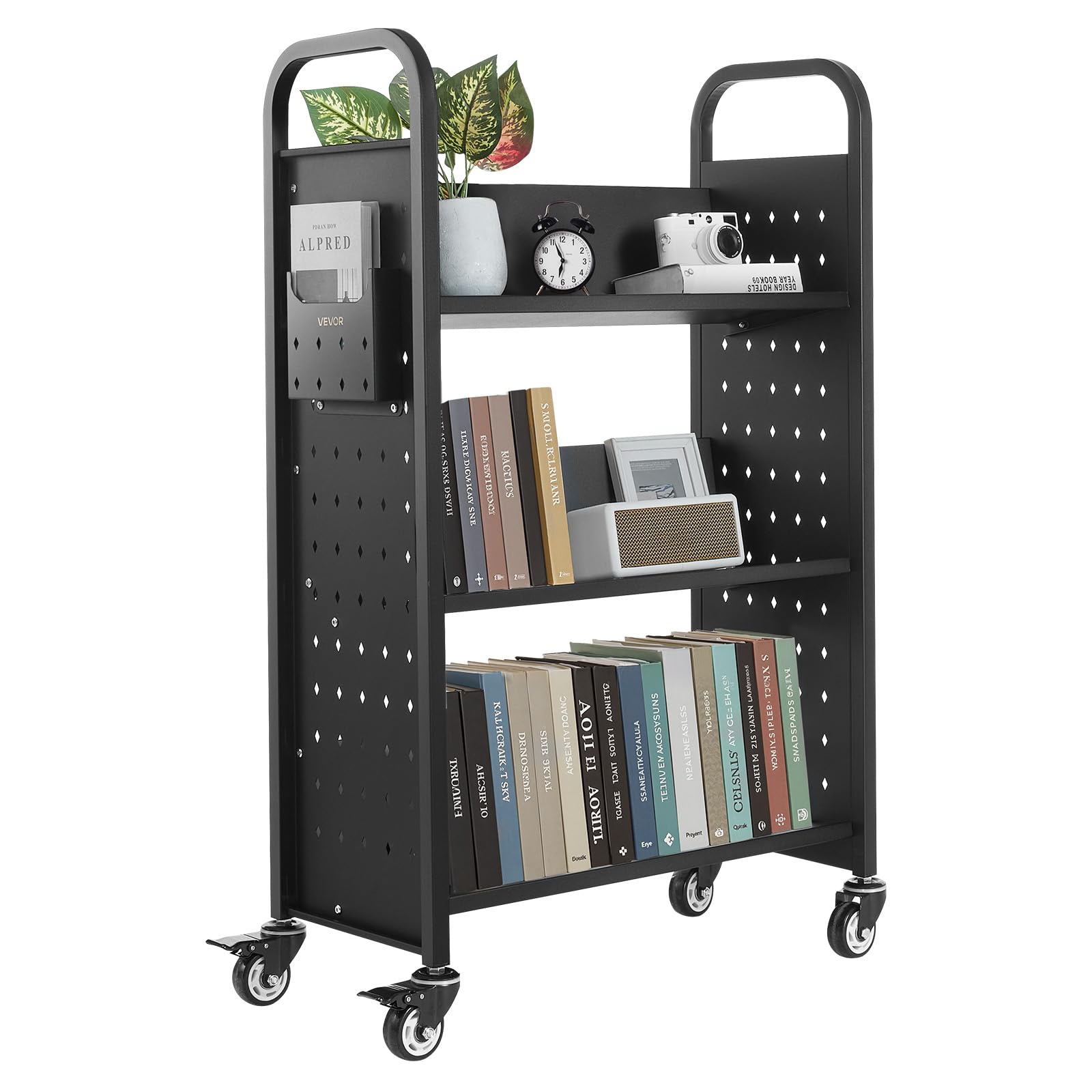 vevor rolling library book cart, 330 lbs capacity, 30.3 x 15 x 48.0-inch library cart, single sided v-shaped shelves with 3-inch lockable wheels, book truck for home shelves office and school, black