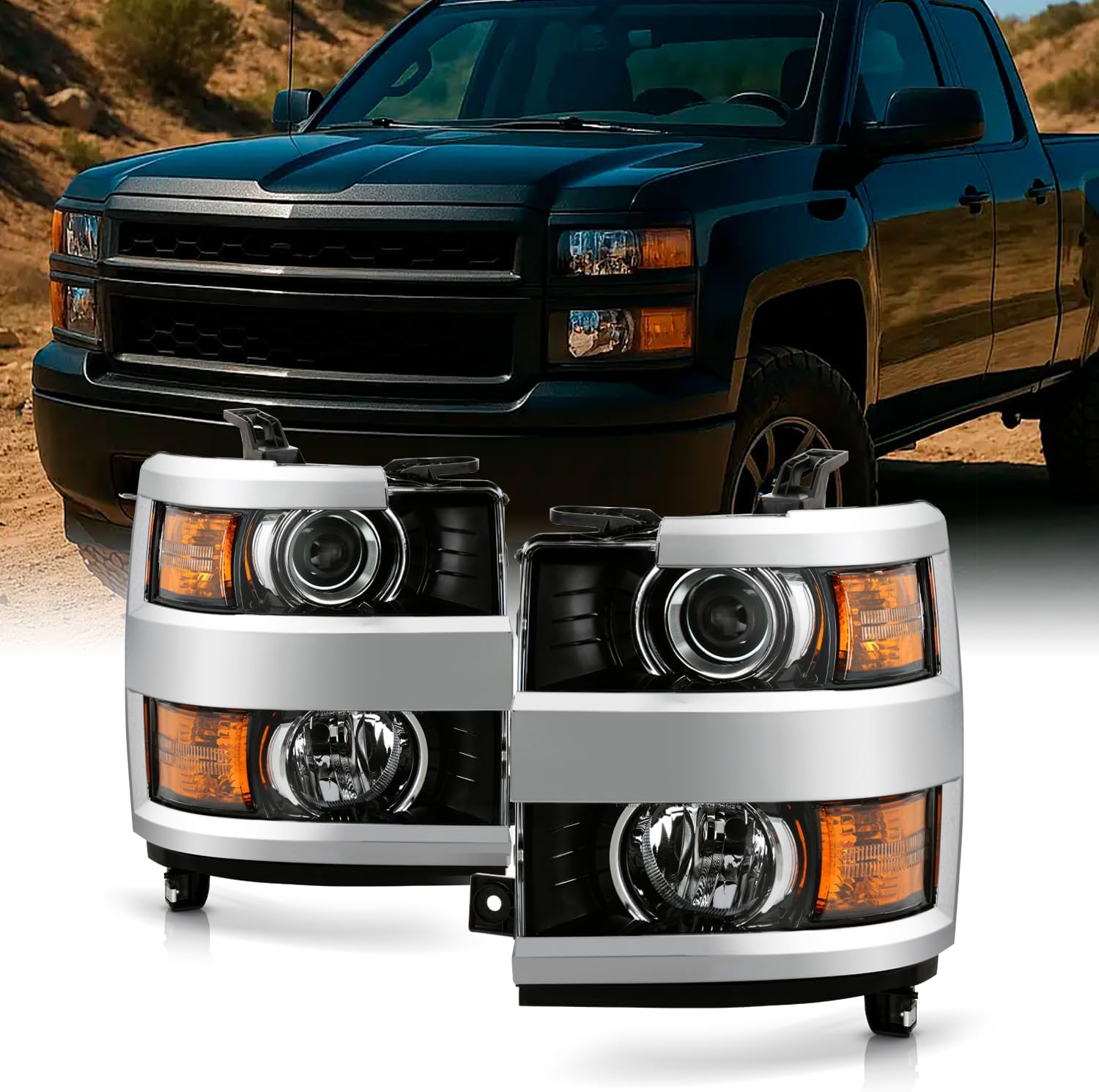 AKKON - Fits 2015-2019 Chevy Silverado 2500 3500 HD OE Chrome Projector Headlights Left & Right Replacement