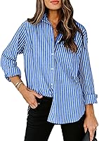 Women's 100% Cotton Striped Button-Down Shirt Long Sleeve Collared Blouse for Office Work