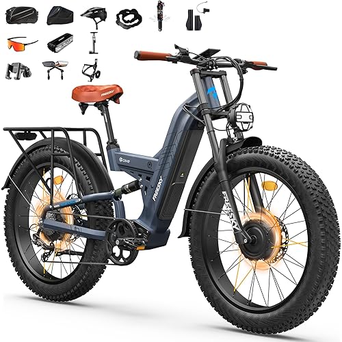 FREESKY 4000W Dual Motor Electric Bike for Adults, 48V 30AH Samsung Cells Battery 120Miles Range, 40MPH AWD Fast E-Bike, 26" Fat Tire Full Suspension Electric Mountain Bike, UL2849 Certified by TÜV