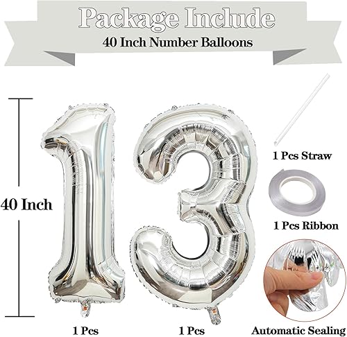 Miniatura 2 de Globos plateados de 40 pulgadas con el número 13, globos gigantes de papel de aluminio de Mylar del número 13 para decoraciones de fiesta de