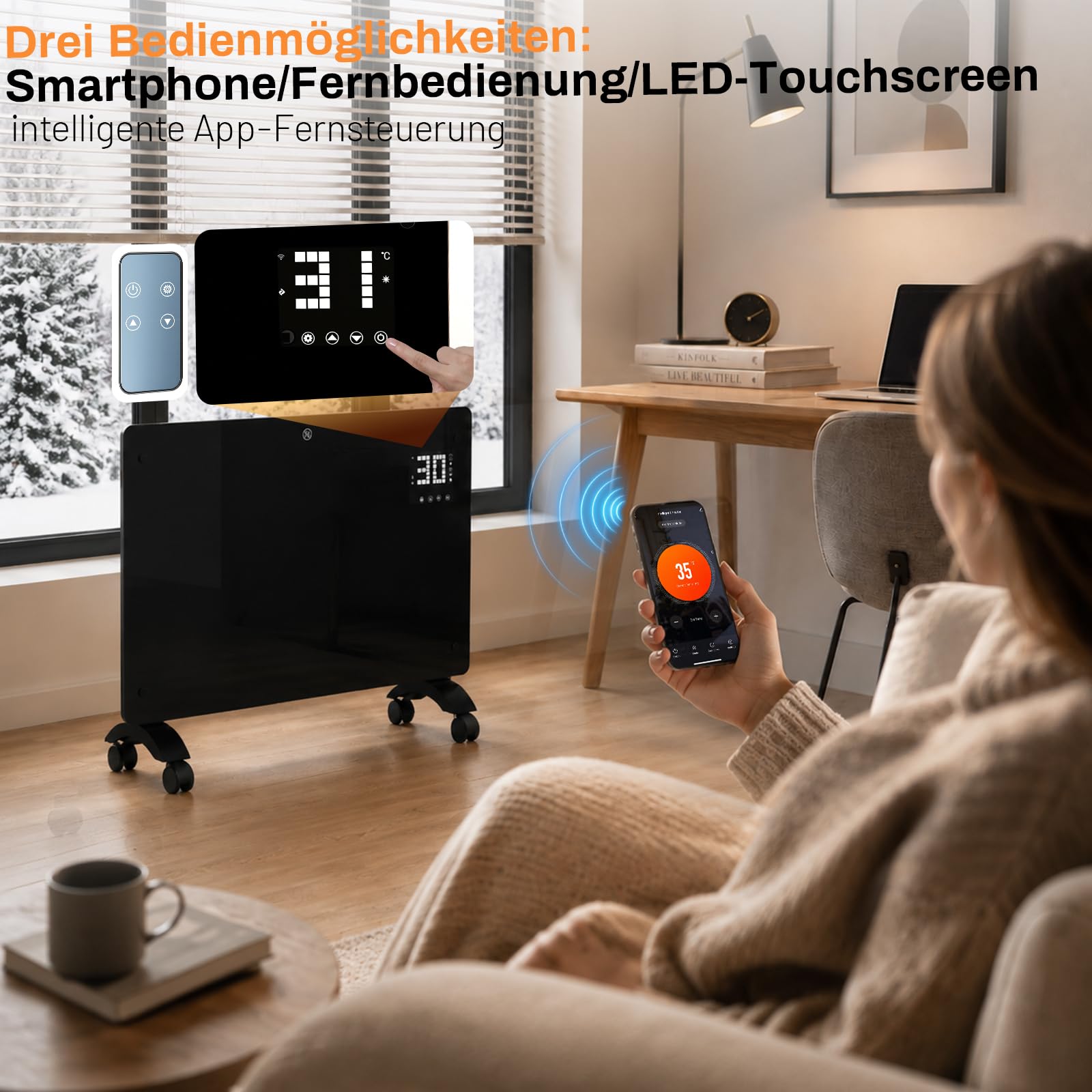 Daromigo Ogrzewanie elektryczne, konwektor szklany, konwektor, ogrzewanie z termostatem i pilotem zdalnego sterowania WiFi, grzejnik elektryczny IP24, montaż na ścianie, mobilne ogrzewanie na