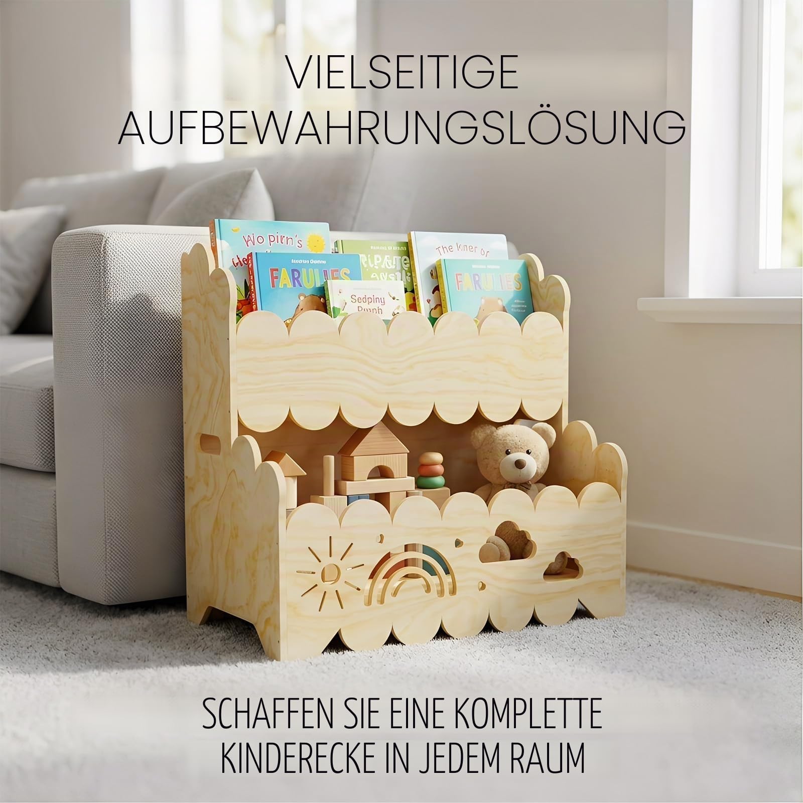 Kinder Bücherregal Holz, 2-Stöckiges Kinderbücherregal Montessori-Bücherregal Bücherkiste Kinder Wolkenmuster Spielzeug Organizer Regal für Kinderzimmer, Kindergarten