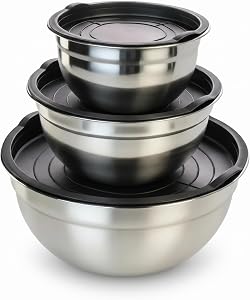 Mixing Bowls with Lids Set of 3, Stainless Steel Nesting Bowls with BPA-Free TPE Lids, 1.5/2.5/5 QT Kitchen Bowls for Baking, Salad Prep, Meal Prep, Mixing and Storage
