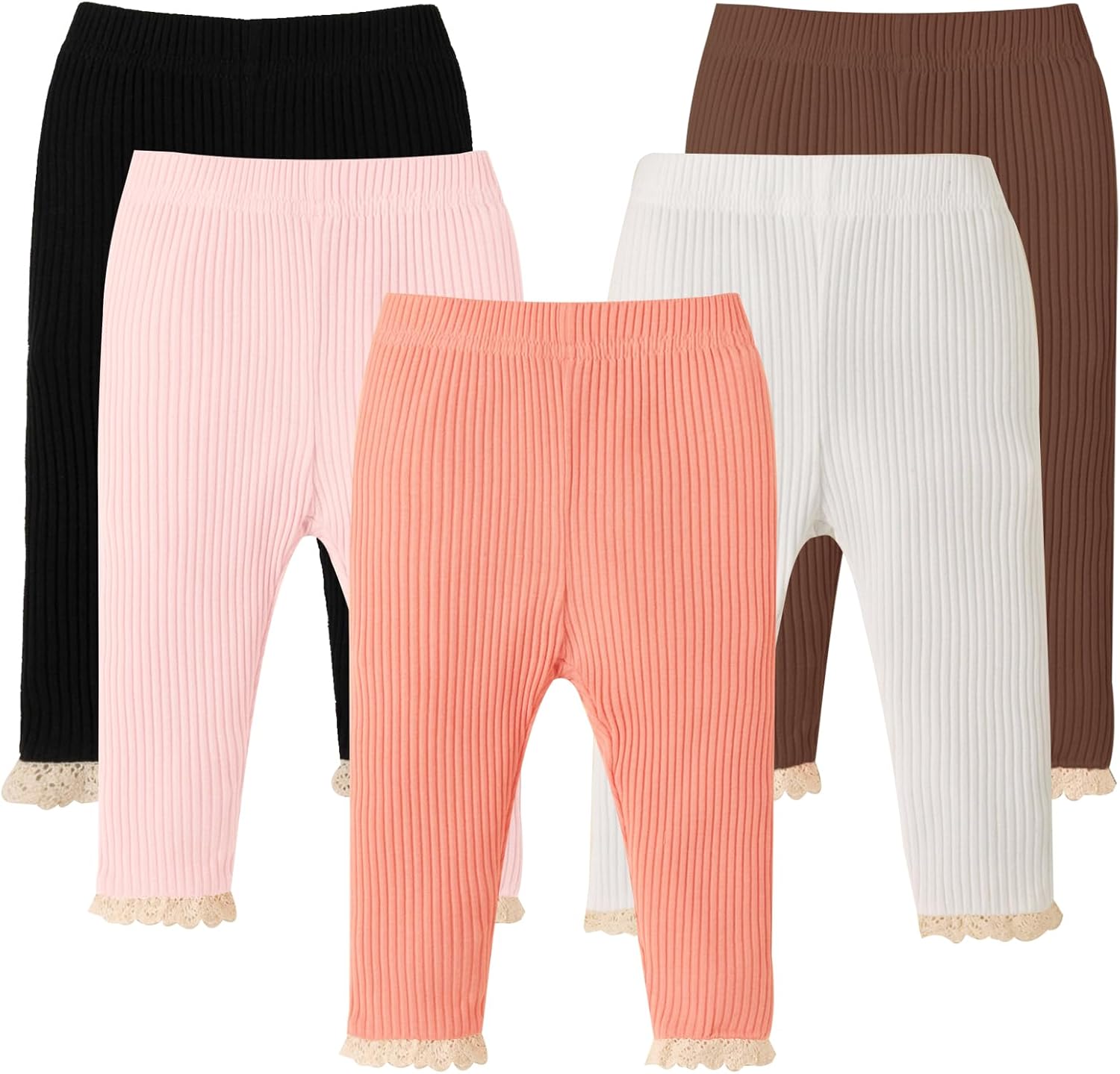 DREAM BUS 5 Pack Baby Girl Pants Toddler Girl Solid Ribbed Pants with Lace Trim Newborn Cotton Leggings Infant Jogger Pants