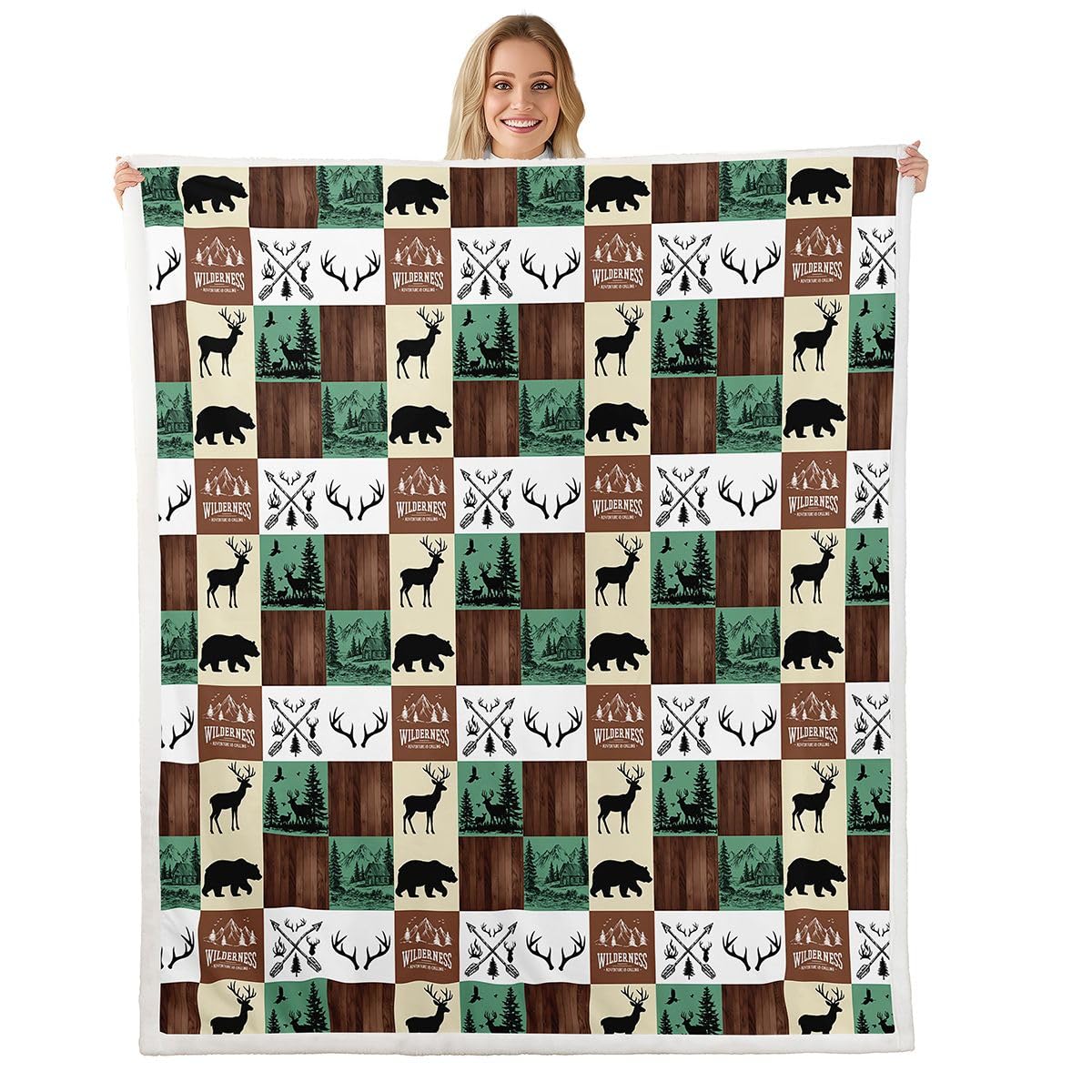 Rustic Cabin Sherpa Blanket, Bear Deer Throw Blanket Twin Size For Kids Teens Adult, Hunting Farmhouse Cabin Fleece Blanket Vintage Lodge Plaid