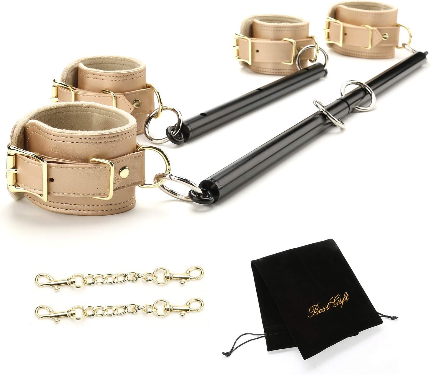 2 PCS Spreader Bar Heavy Duty Adjustable Black Bar Home Gym with 4 pcs Gold Furry Adjustable Straps, Sports Training Pilates Kit, Yoga Fitness Set