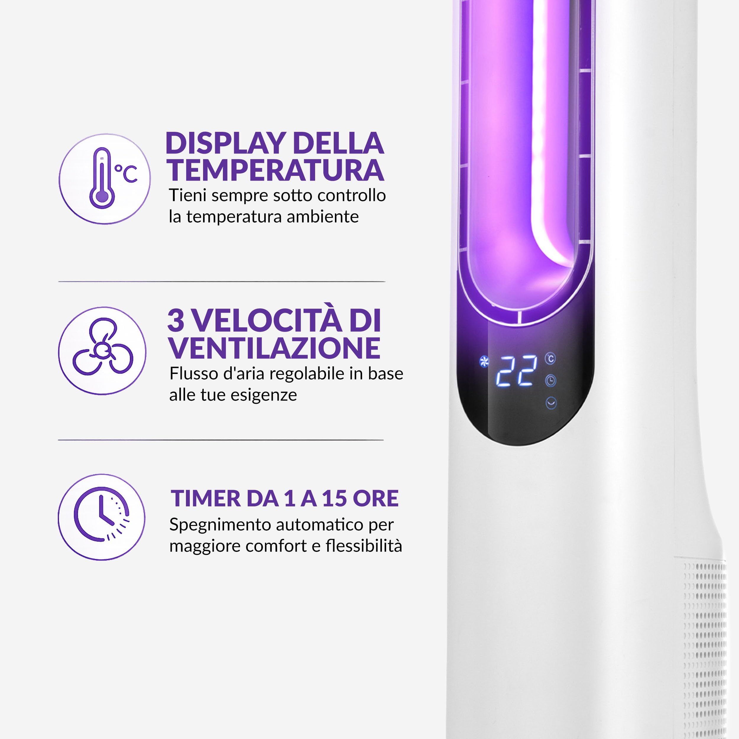 LEHMANN Ventilatore a Torre senza Pale, Ventilatore a Colonna Silenzioso con Modalità Notte, Telecomando, Schermo LED, Timer 1-15 h, 3 Velocità, 3 Modalità, 3 Colori di Illuminazione, Oscillazione