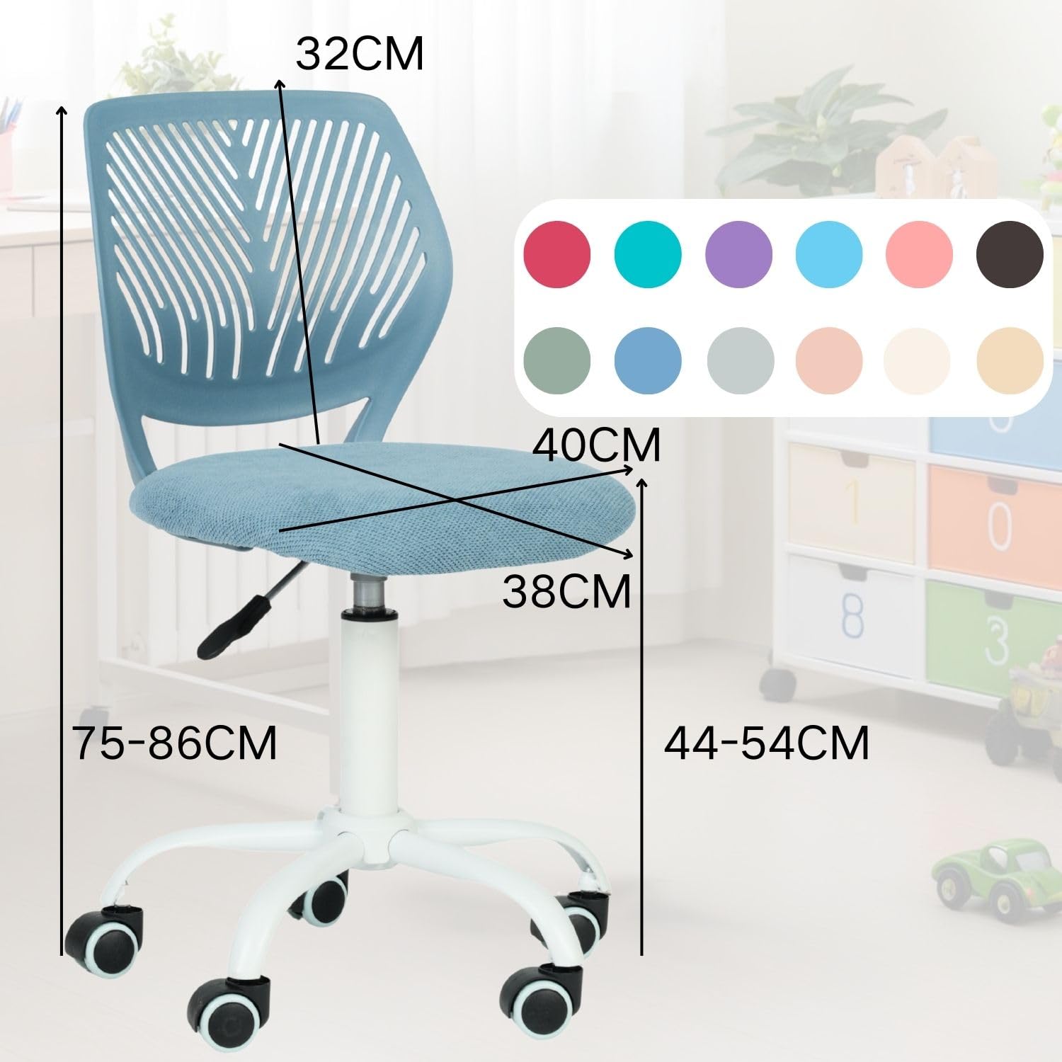 FurnitureR Sedia da ufficio regolabile in altezza, sedia da studio girevole senza braccioli, per ufficio, camera da letto, studio, 40 x 38,5 x 87 cm, turchese