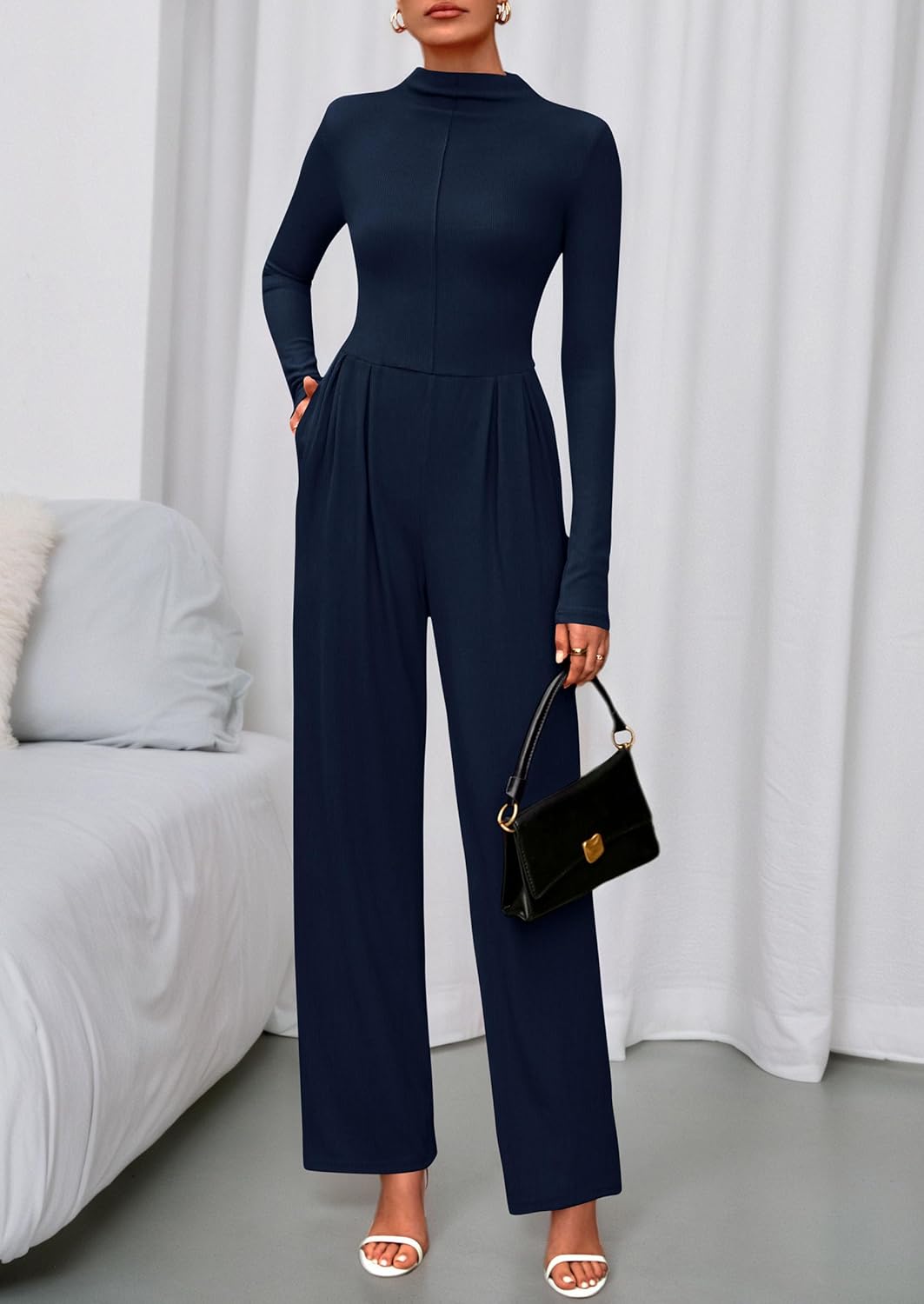 PRETTYGARDEN Long Sleeve Jumpsuit for Women 2026 Fall Date Night Rompers Dressy Casual One Piece Mock Neck Jumpsuits Pockets - Image 7