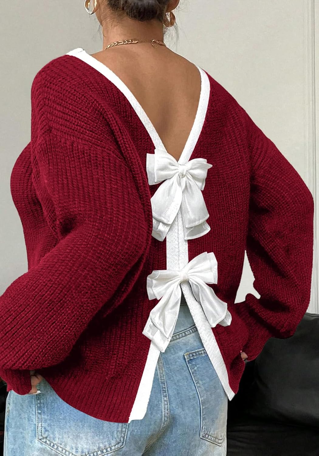 Unybwonn Women Bow Pullover Sweater Long Sleeve Crewneck Knit Ribbed Top Casual Trendy Knot Lightweight Sweaters - Image 3