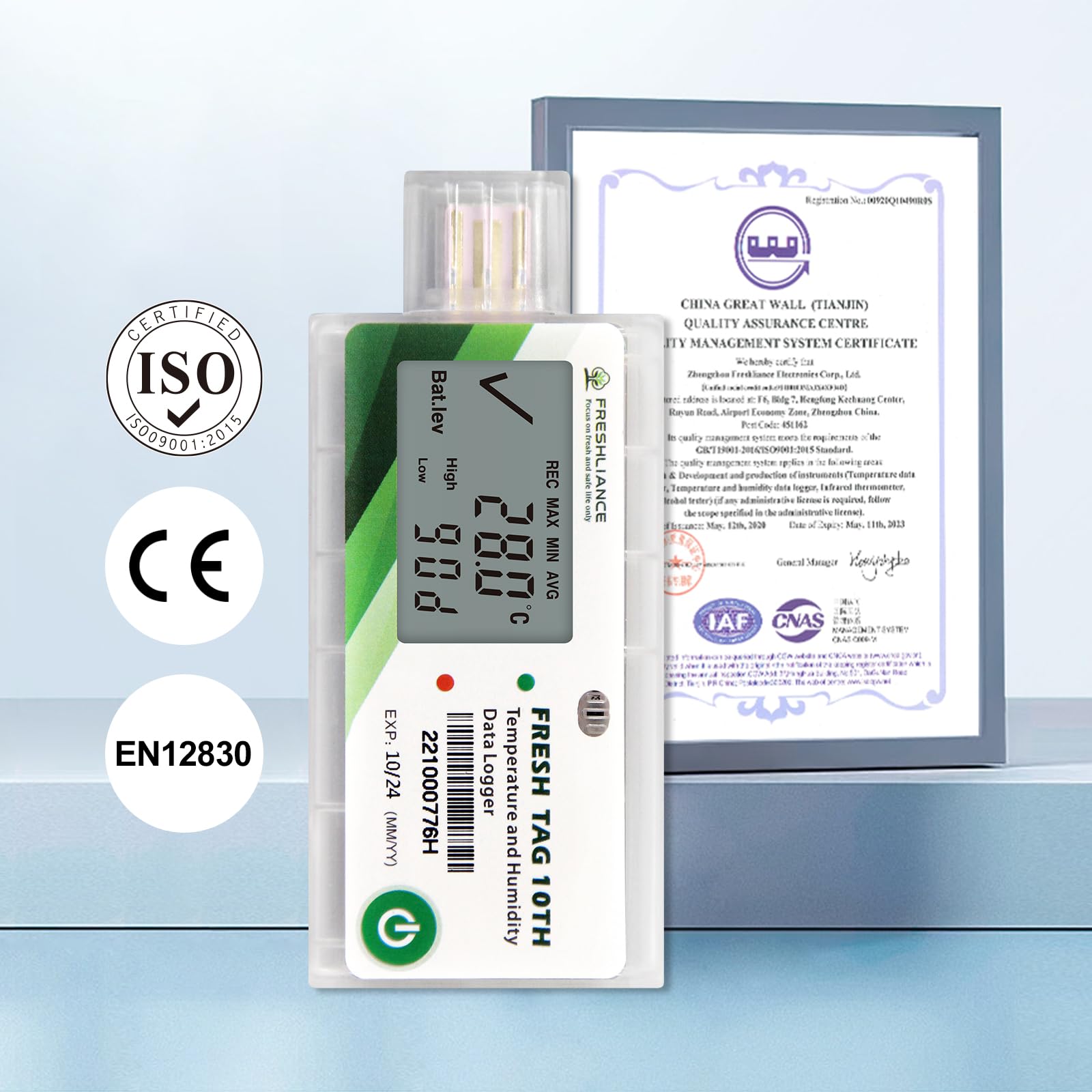 Freshliance Registrador de datos de humedad y temperatura LCD, grabadora de humedad de temperatura USB de un solo uso con informe PDF o CSV, 65000 lecturas de -30.0 °C ~ 70.0 °C de alta precisión, 30