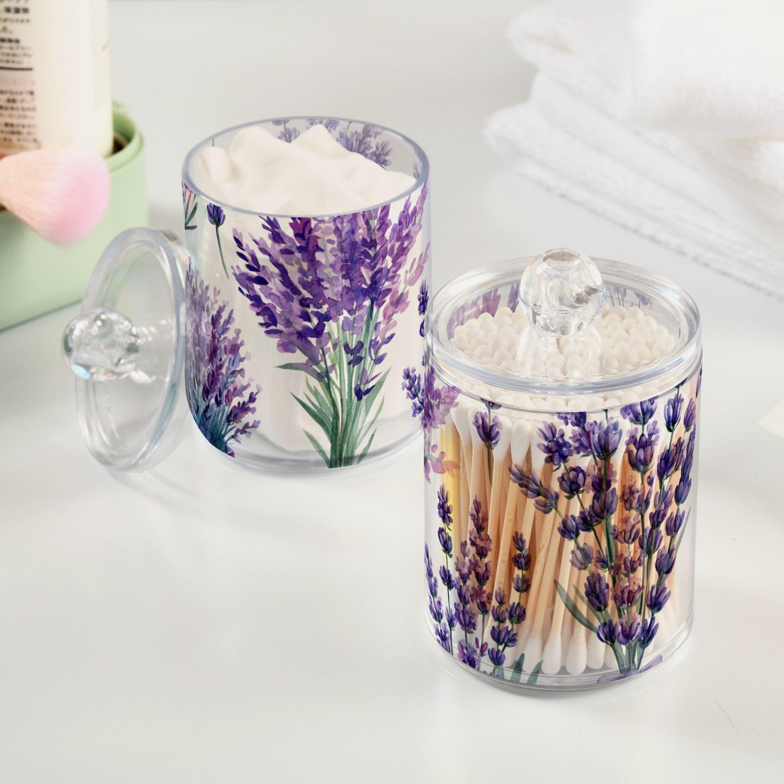 2 Pack Qtip Holder Dispenser for Cotton Ball Purple Lavender Bouquet 1 Cotton Swab Round Pads Clear Plastic Acrylic Jar Set Bathroom Canister