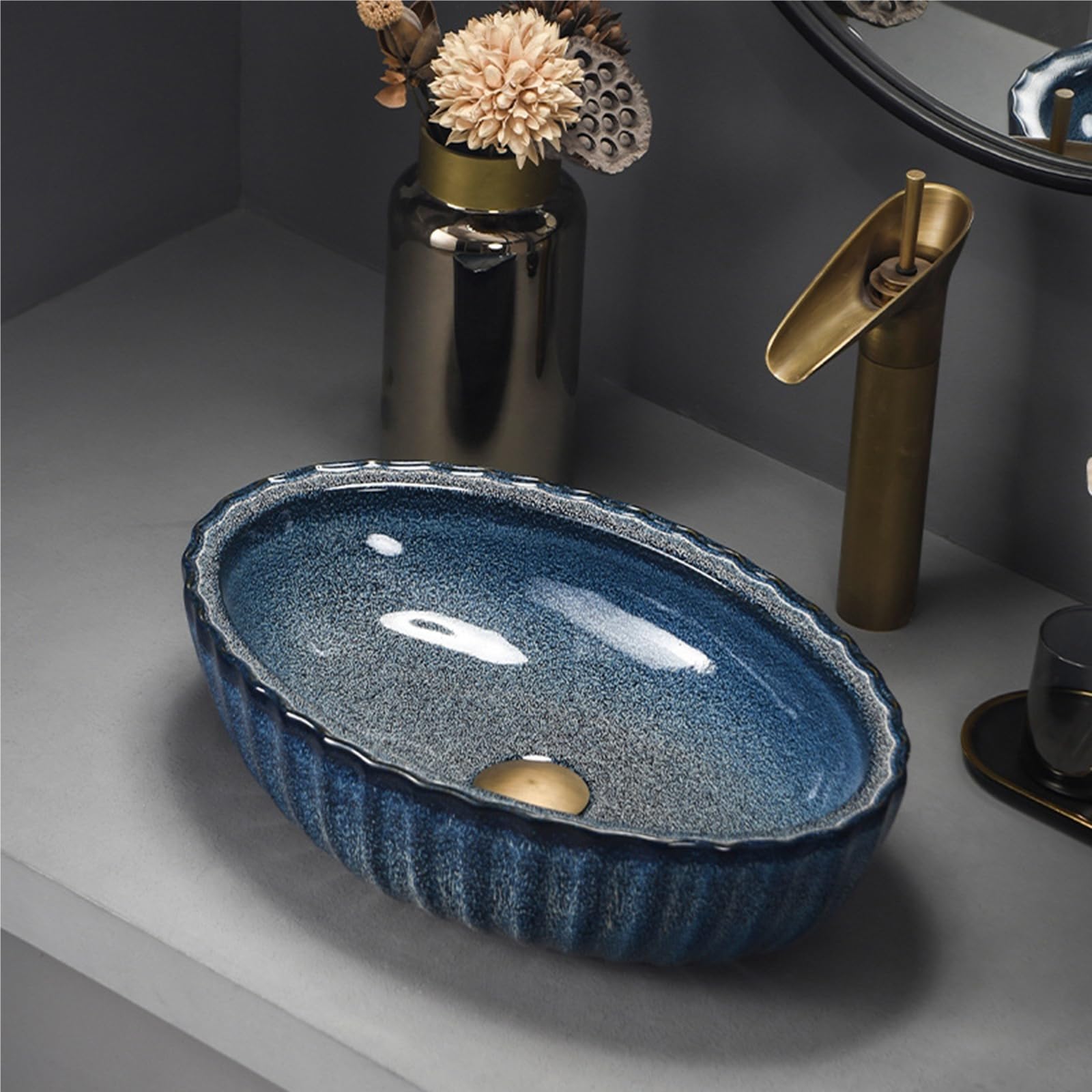 ASerZenith Bathroom Vessel Sink Ceramic Vessel Sink Bathroom Vanity Sink Above Counter Bathroom Vanity Sink Bowl Perfect For Cloakroom Bathroom Office Apartment, Blue