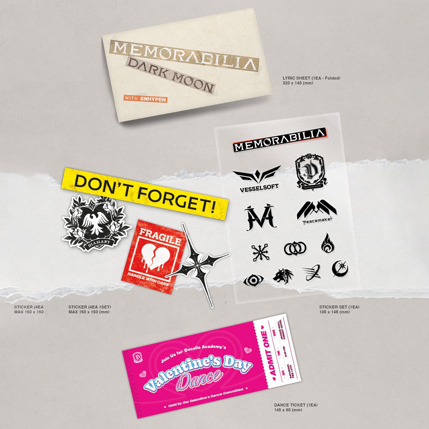 ENHYPEN - [MEMORABILIA] (Moon ver.) Keychain + ID Card + Name Card + Coaster + Memo Pad R + Postacard + Lyric Sheet + Photocard + Sticker + Ticket + 2 Pin Badges + 4 Extra Photocards