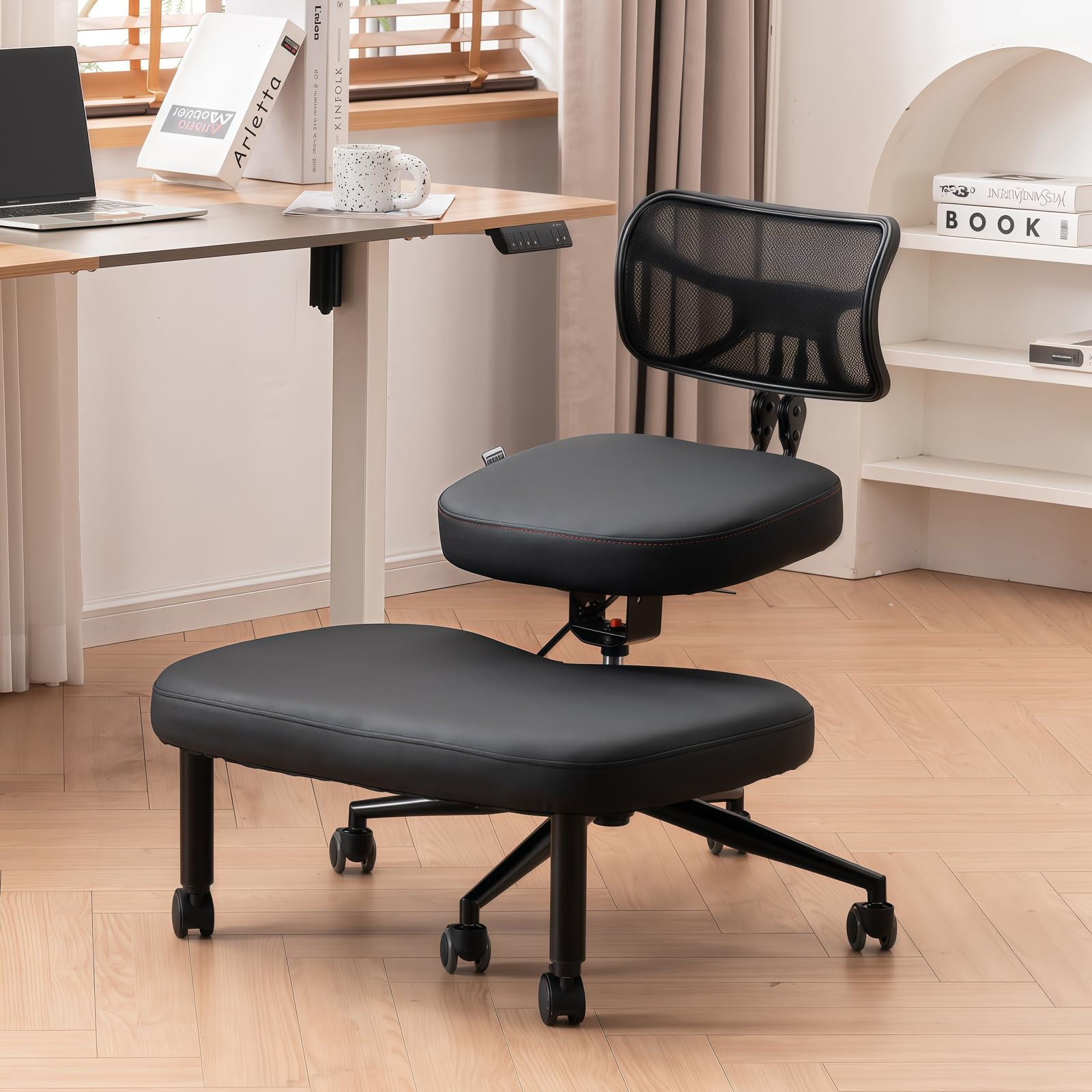 Chaise croisée avec roues, chaise à genoux polyvalente avec support arrière, tabouret réglable avec siège incliné pour une meilleure posture, coussins épais et confortables, noir