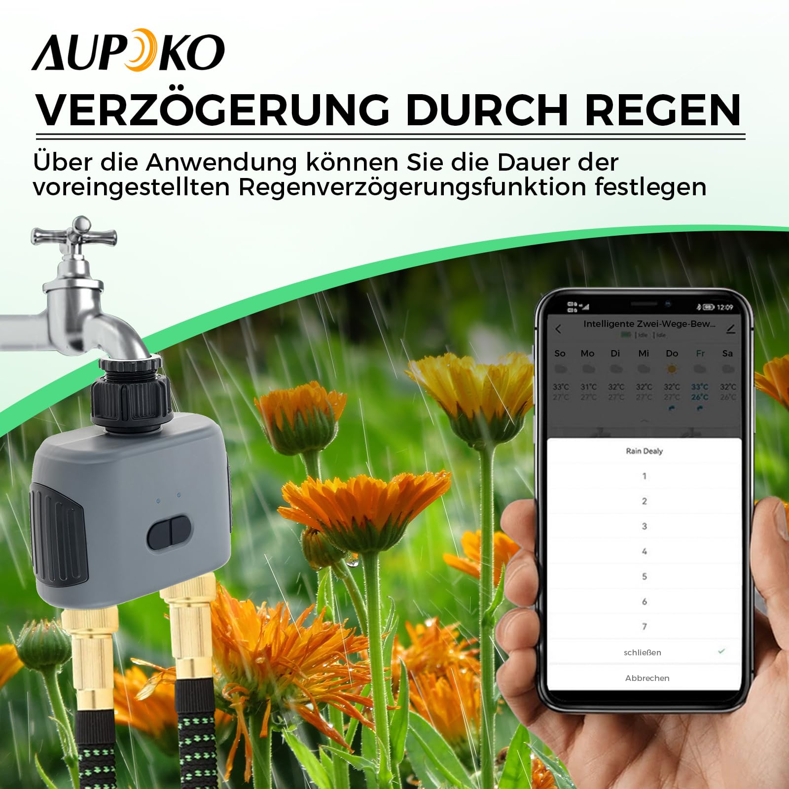 Aupoko Bewässerungscomputer mit 2 Ausgängen, Smart Bewässerungsuhr mit Bluetooth & App Steuerung, Wasserzeitschaltuhr mit IP55 Schutz, 2-Zonen-Bewässerungstimer für Garten, Landwirtschaft