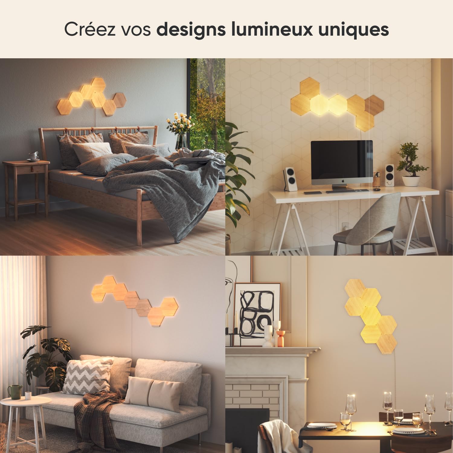 Nanoleaf Elements Kit de Démarrage, 7 Panneaux LED Connectés Effet Bois - Appliques Murales Luminaires Intérieur Hexagonales Modulaires et Variables Wi-Fi, Compatible Alexa, pour Salon Chambre Bureau