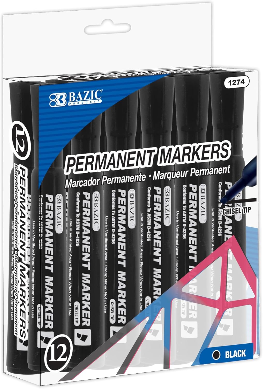 BAZIC Permanent Marker Chisel Tip, Black Color Markers, Coloring on Plastic Wood Metal Glass Stone for Art Office (12/Pack), 72-Packs