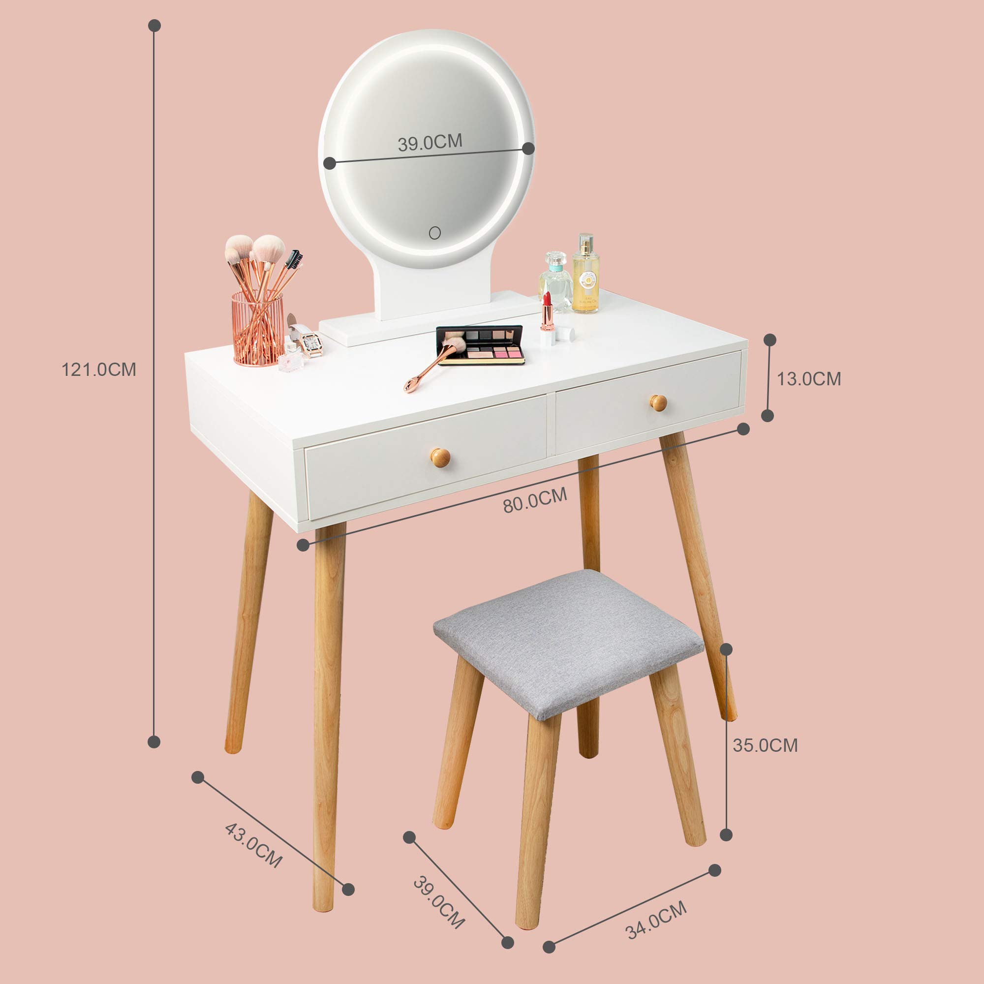 Coiffeuse en Bois Blanc Miroir avec Éclairage LED et Tiroirs
