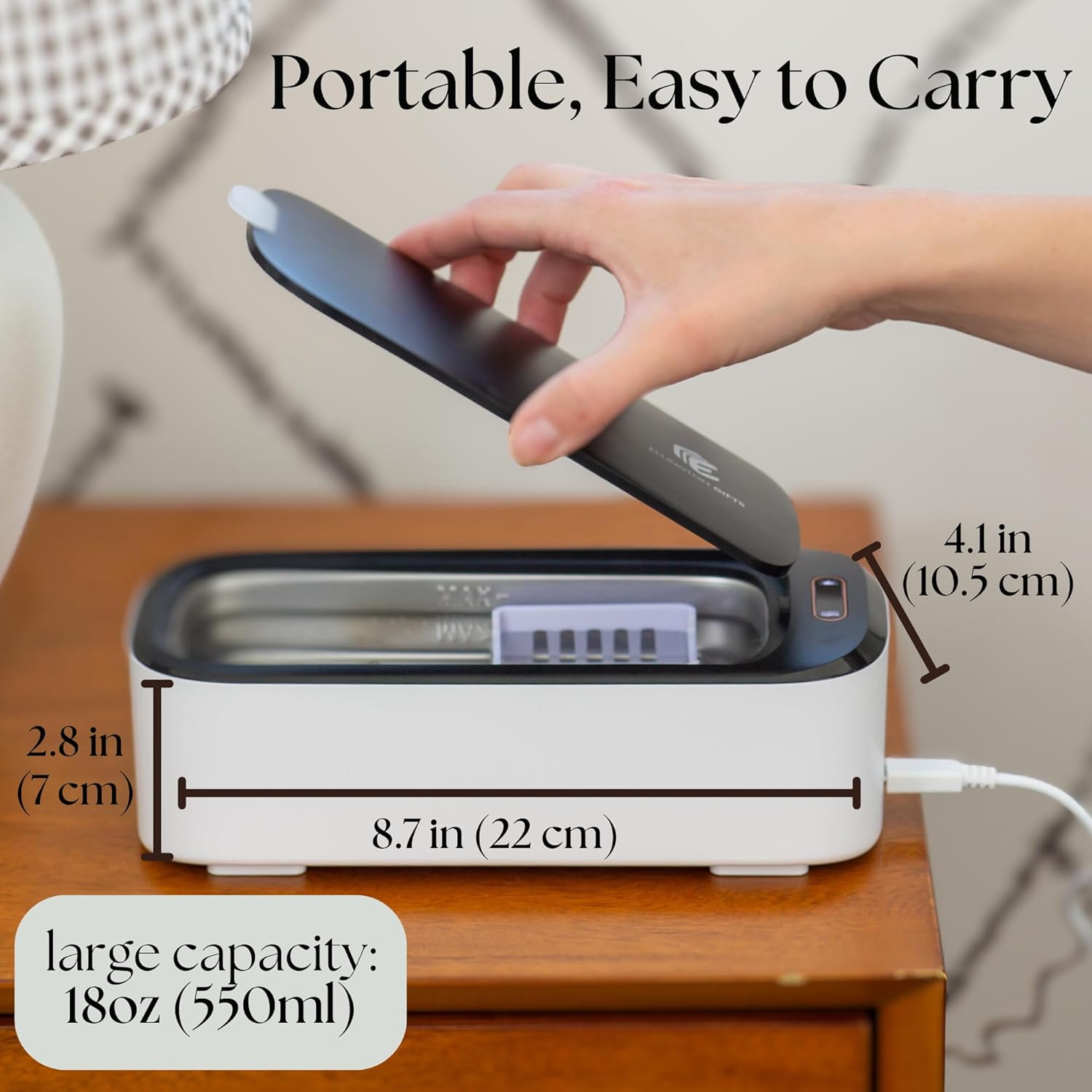 The Ellington Gifts A6-PRO UV-C Ultrasonic Cleaner with its dimensions labeled: 8.7 inches (22 cm) length, 4.1 inches (10.5 cm) width, and 2.8 inches (7 cm) height.
