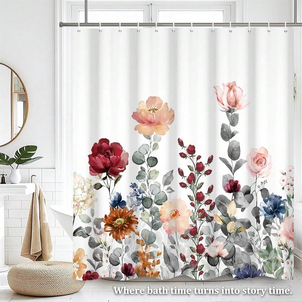Bunter Duschvorhang mit Blumenmuster für Badezimmer, Aquarellblumen, Pflanzen, modernes 3D-Tintenbild, dekorativer Badewannenvorhang (300 x 180 cm / 118 x 71 Zoll (B x H))