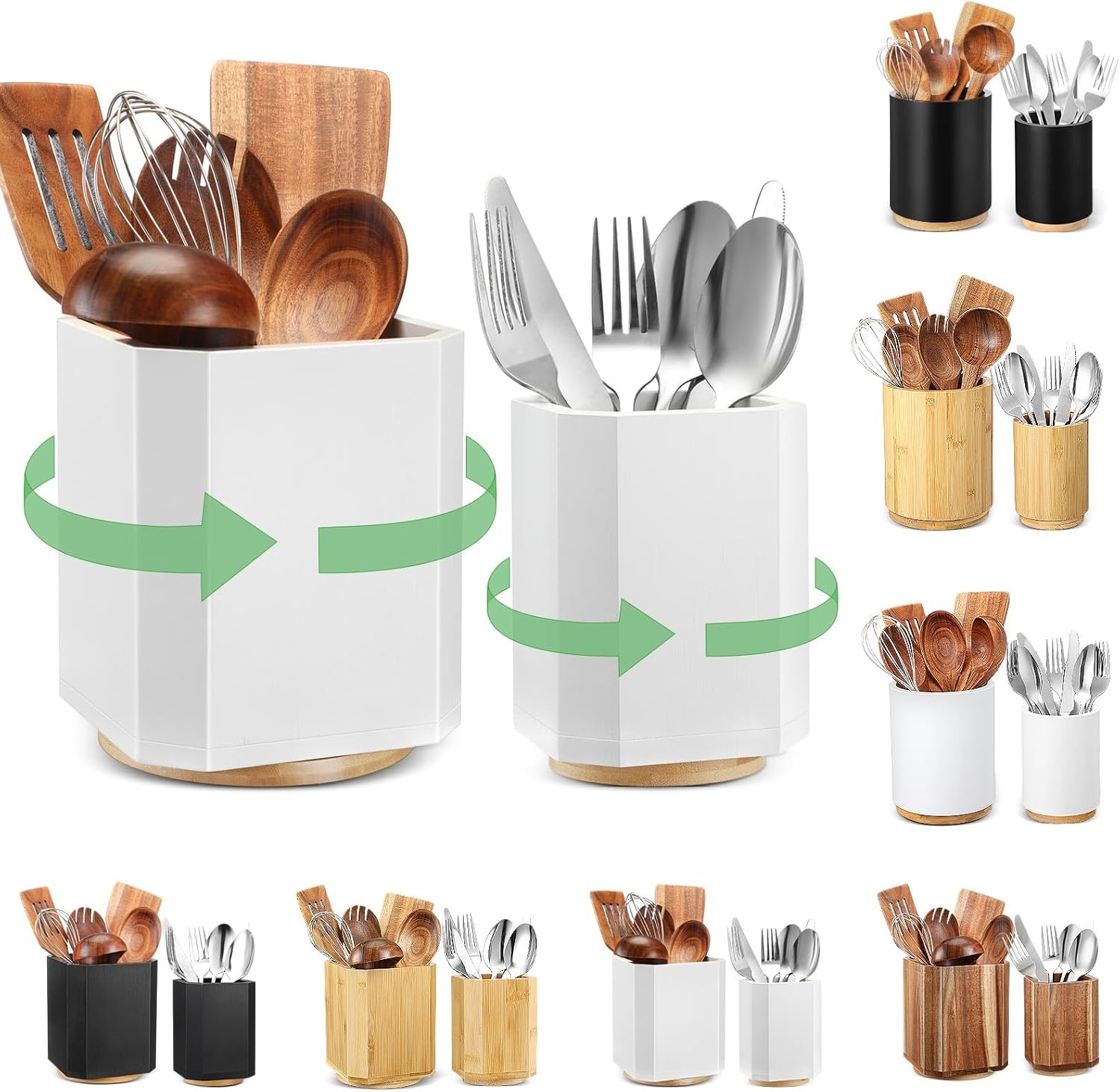 SiliFine 2 Pack Wooden Utensil Holder, 360°Rotating Kitchen Cooking Utensil Crock, Spoon Spatula Holder for Kitchen Counter, Farmhouse Countertop Organizer(White,Square)