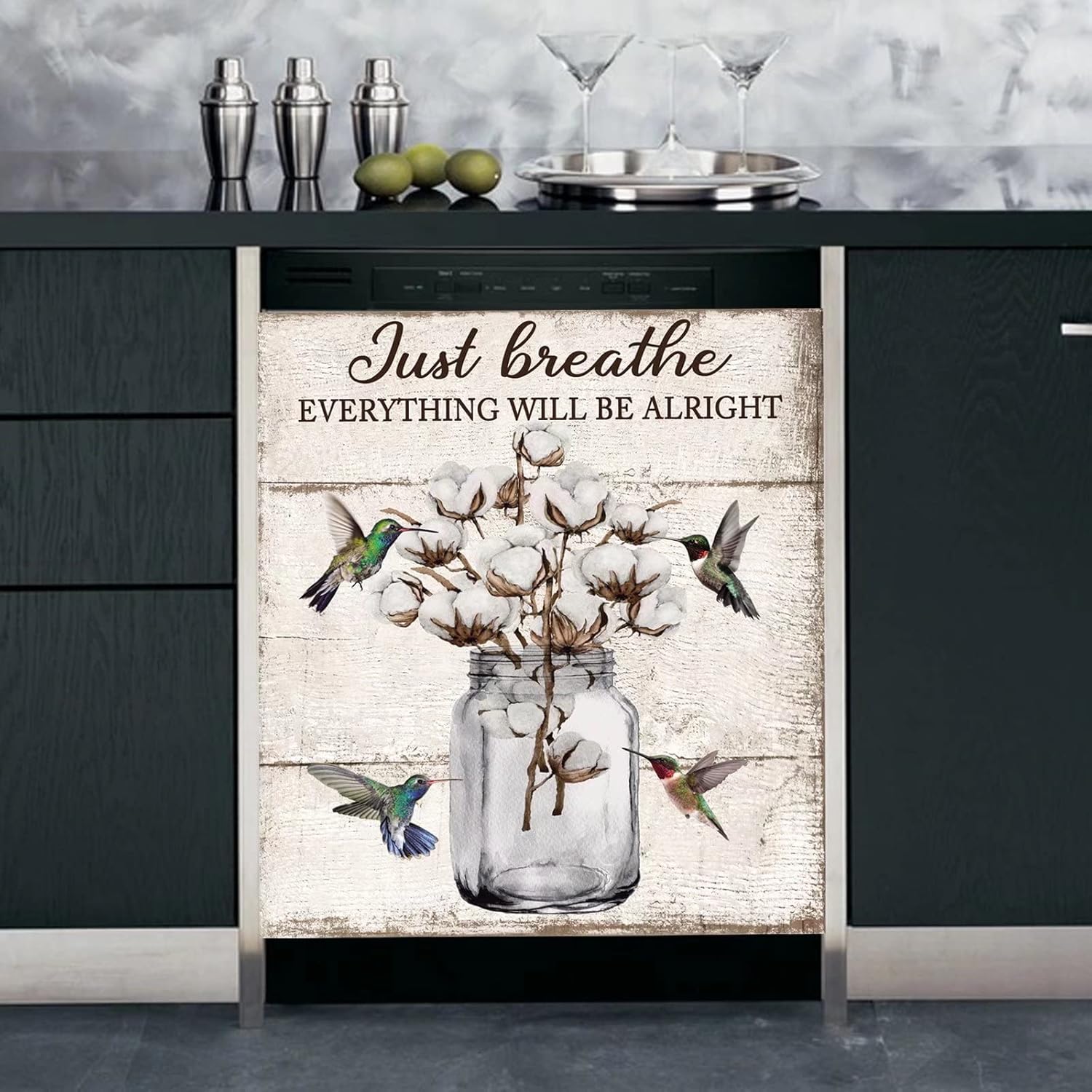 Farmhouse Cotton Flower Dishwasher Magnetic Cover,Rustic Wood Pattern Decal Dishwasher Magnet Decorative Door Sticker,Floral Refrigerator Cover,Fridge Magnets Appliance Panel Covers 23"x26"