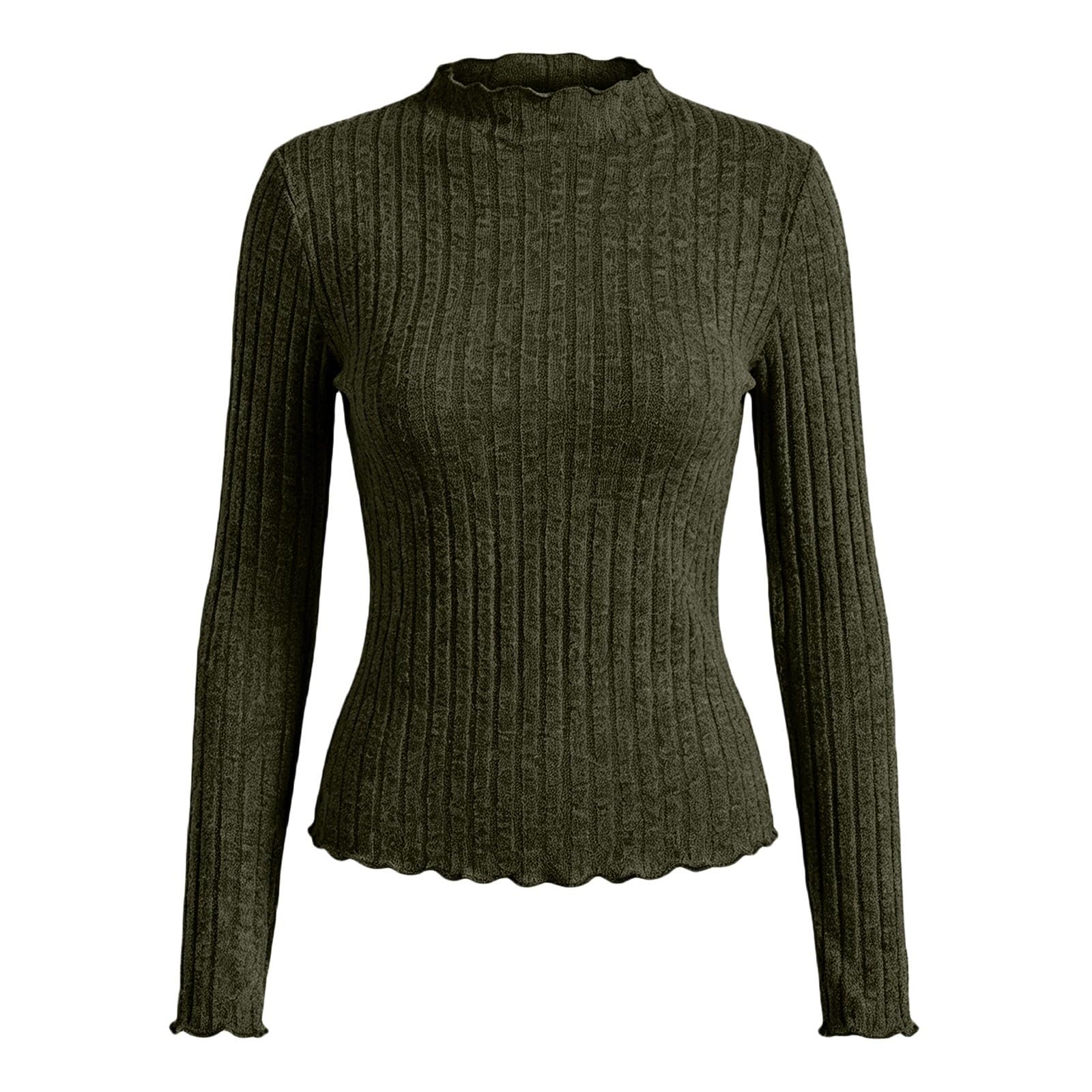 Top de Punto Acanalado para Mujer, Cuello Alto con Volantes, Manga Larga, c