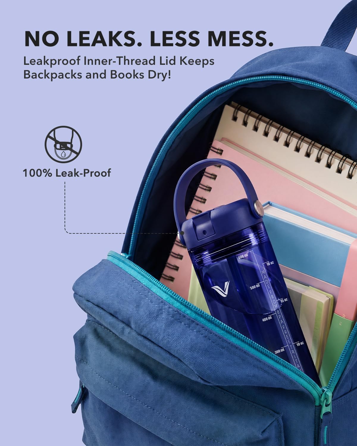 20oz Kids Water Bottle with Straw, Thick Durable Tritan BPA-Free, Dishwasher Safe, Clear Bottle with Volume Markings, Leakproof Inner-Thread Lid & Carry Strap for School, Travel,D. Blue image 5