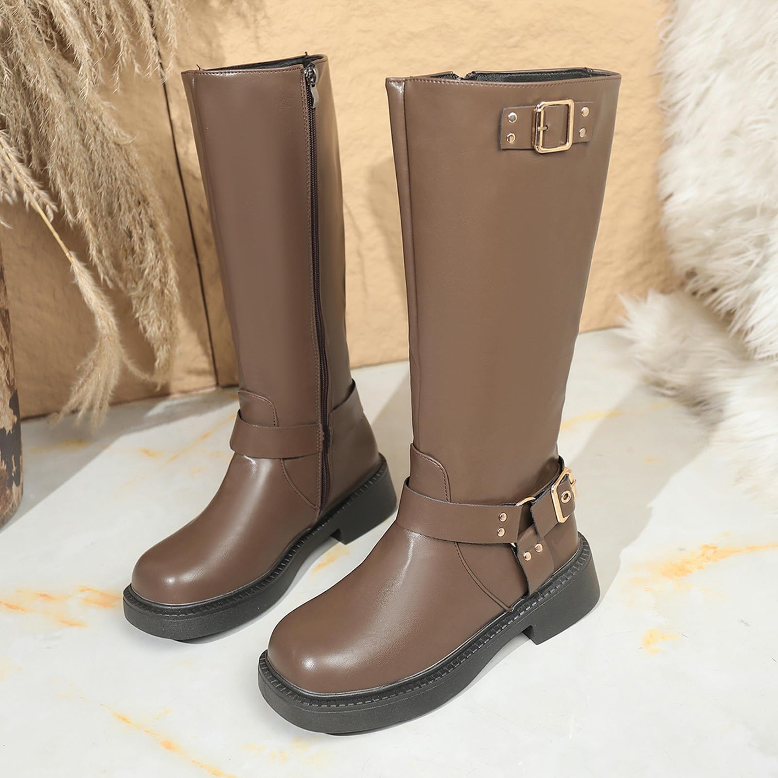 Botas por Encima de la Rodilla Botas Vaqueras de tacón Grueso y bajo para Mujer, otoño e Invierno, Comercio Exterior
