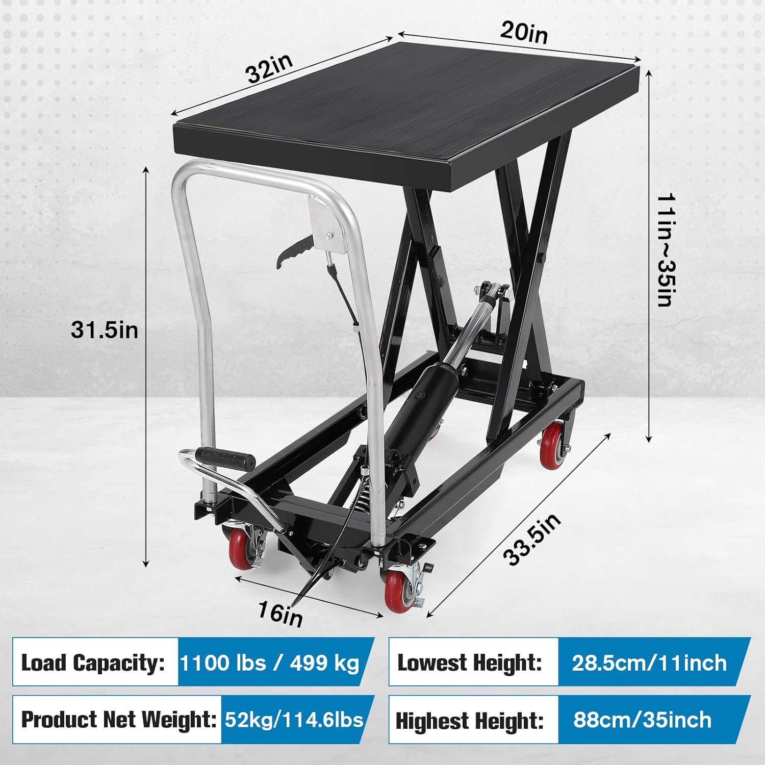 hydraulic lift table cart, 1100lbs capacity 32" lifting height hydraulic table cart, single scissor lift table with non-slip pad for material handling and transportation, black black 1100lbs | 35.4" lift height