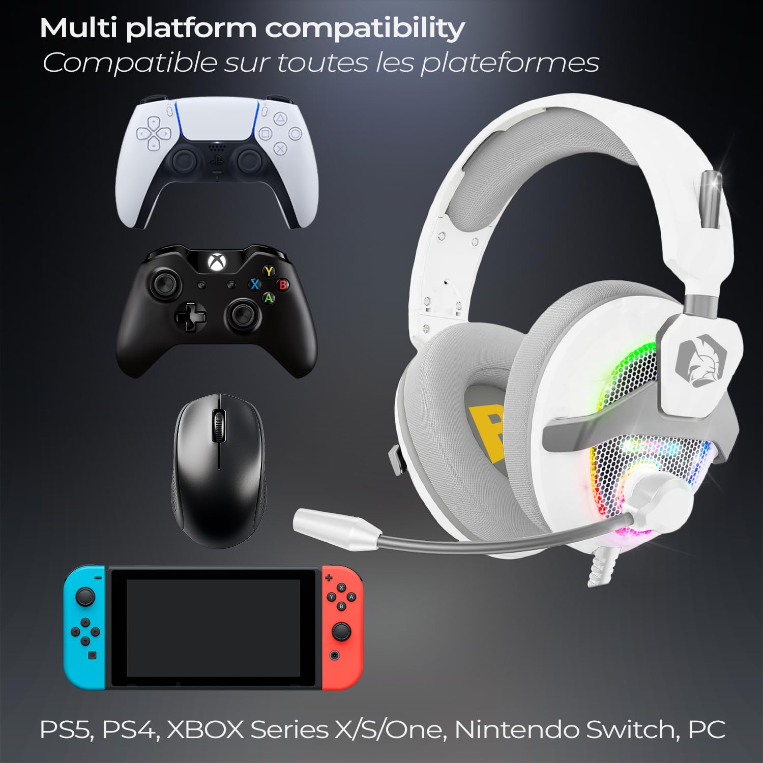 EMPIRE GAMING Zestaw słuchawkowy H-13 RGB - PS5, PS4, Xbox, Switch, PC, Mac, smartfony, tablety - Dźwięk stereo o wysokiej rozdzielczości - Elastyczny mikrofon - Biały